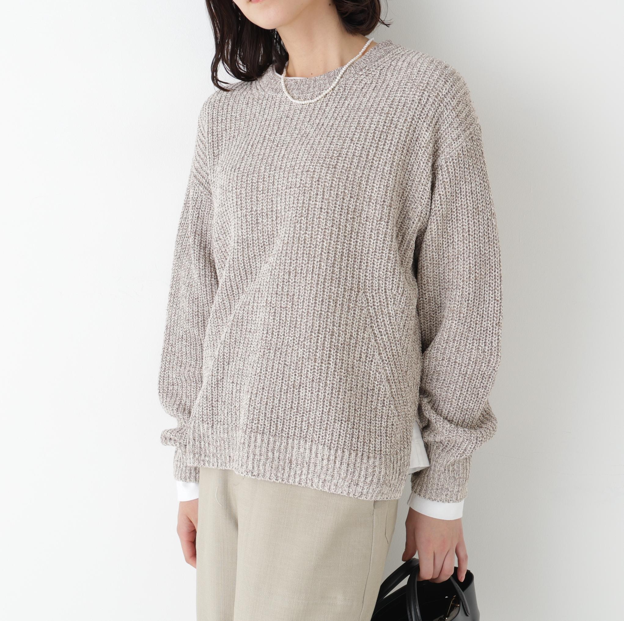 ネップ入ペーパーヤーン片畦クルーネックプルオーバー ブラウン