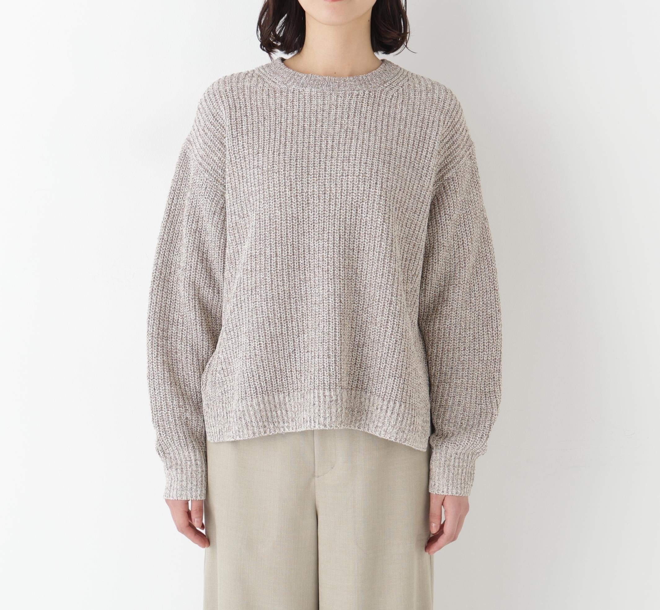 ネップ入ペーパーヤーン片畦クルーネックプルオーバー ブラウン
