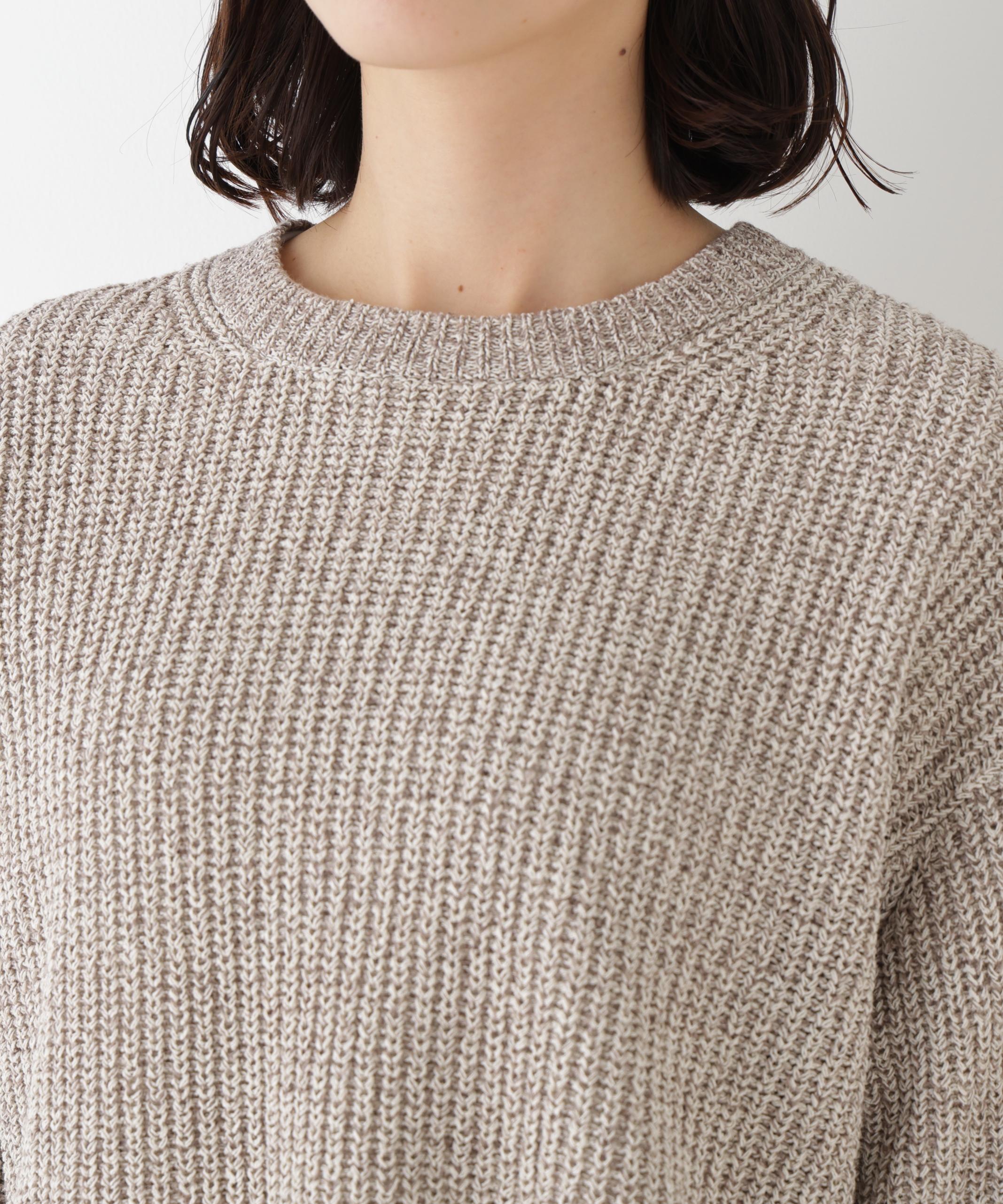 ネップ入ペーパーヤーン片畦クルーネックプルオーバー ブラウン