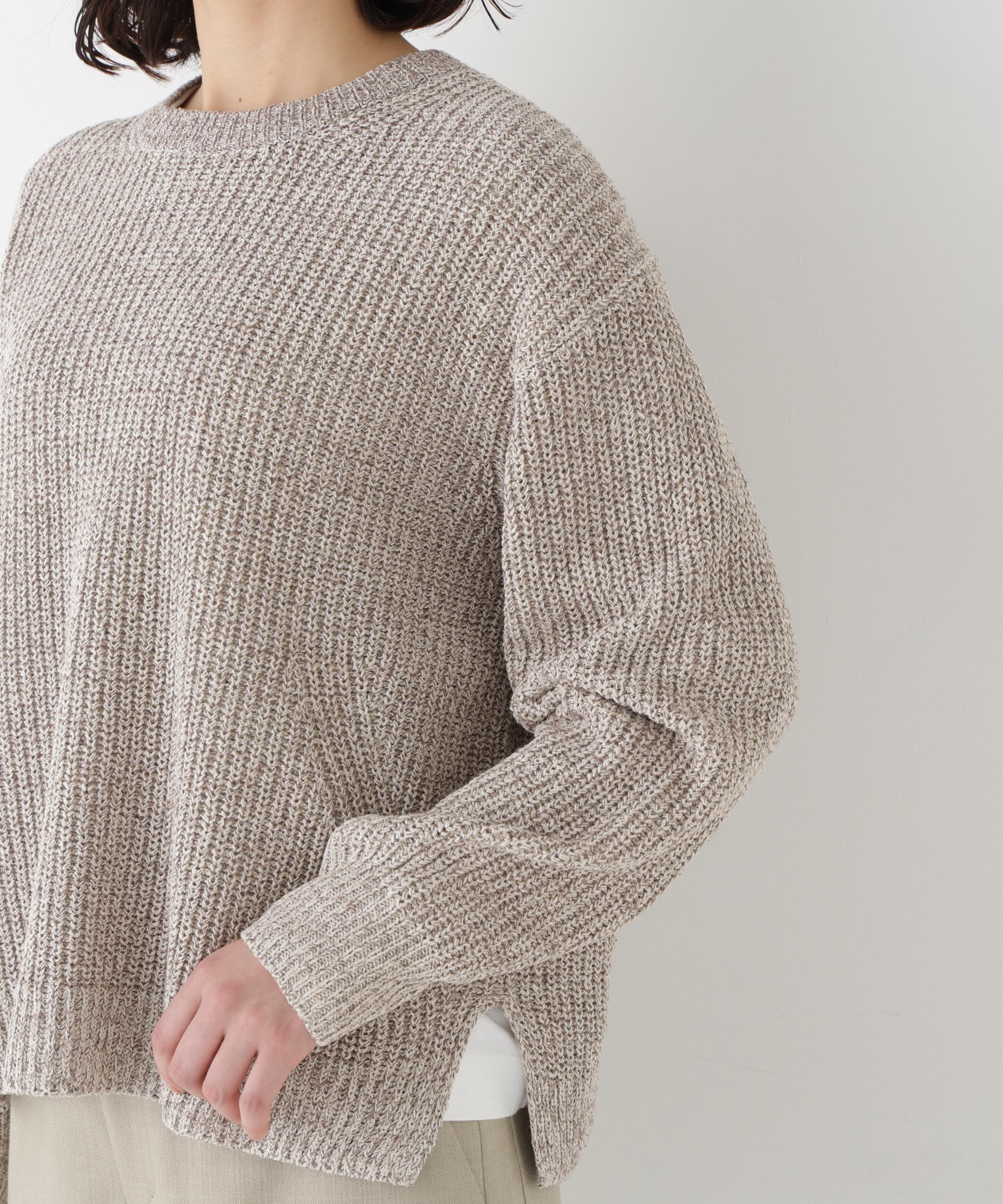 ネップ入ペーパーヤーン片畦クルーネックプルオーバー ブラウン