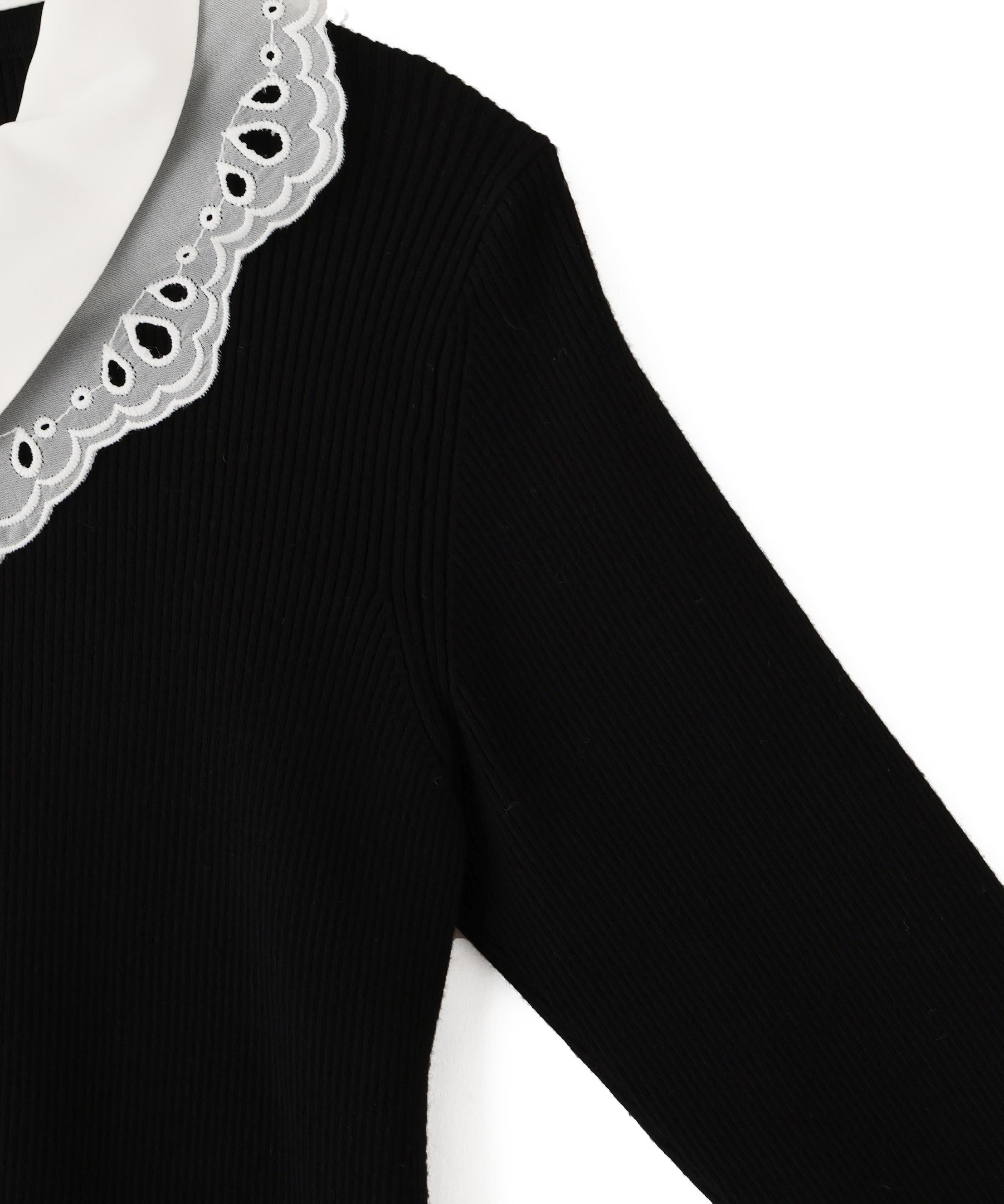 レース衿レイヤードニット ブラック