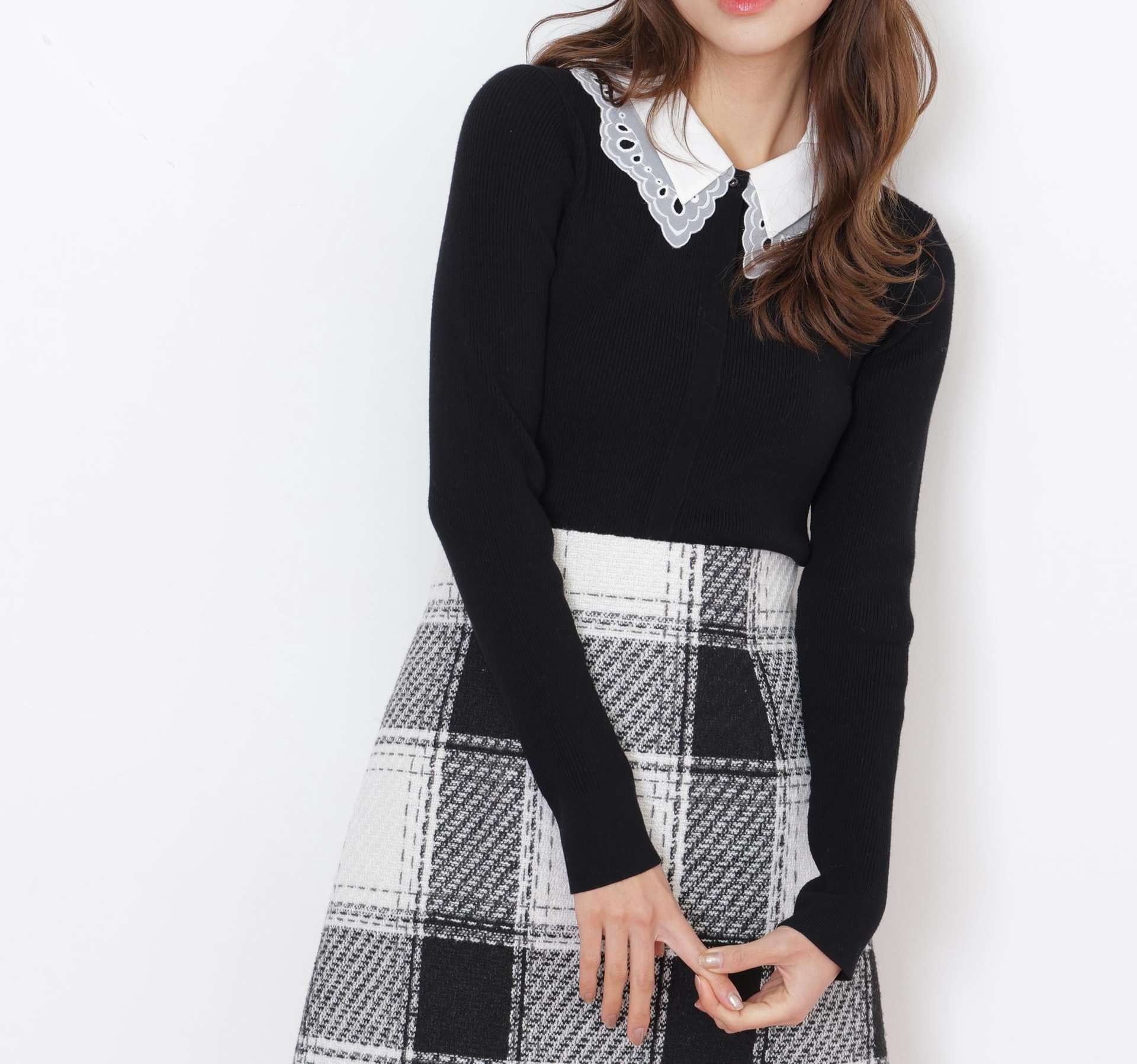 レース衿レイヤードニット ブラック