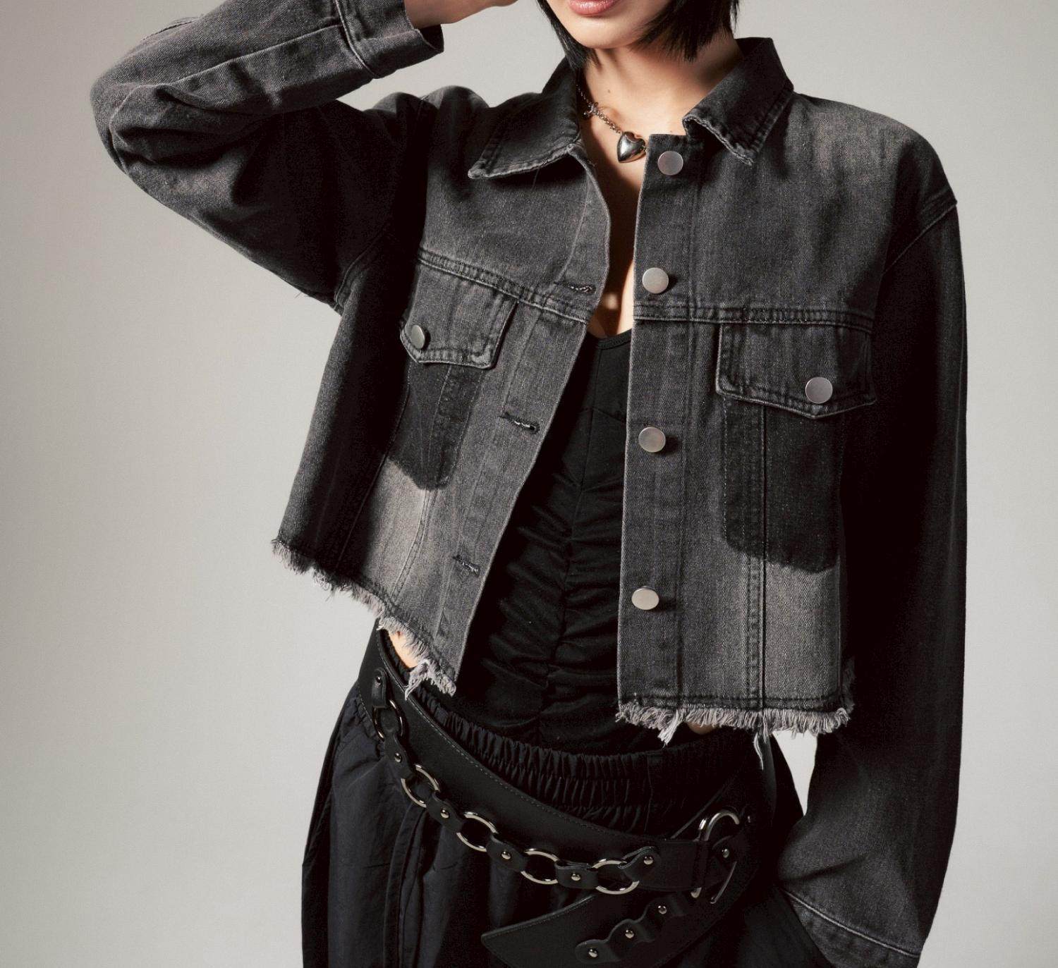 MITSUKI/ミツキ/切りっぱなしクロップドデニムジャケット ブラック