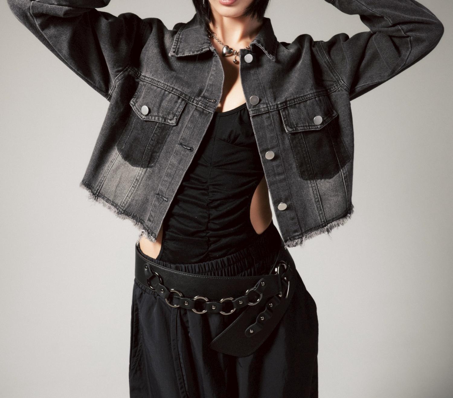 MITSUKI/ミツキ/切りっぱなしクロップドデニムジャケット ブラック