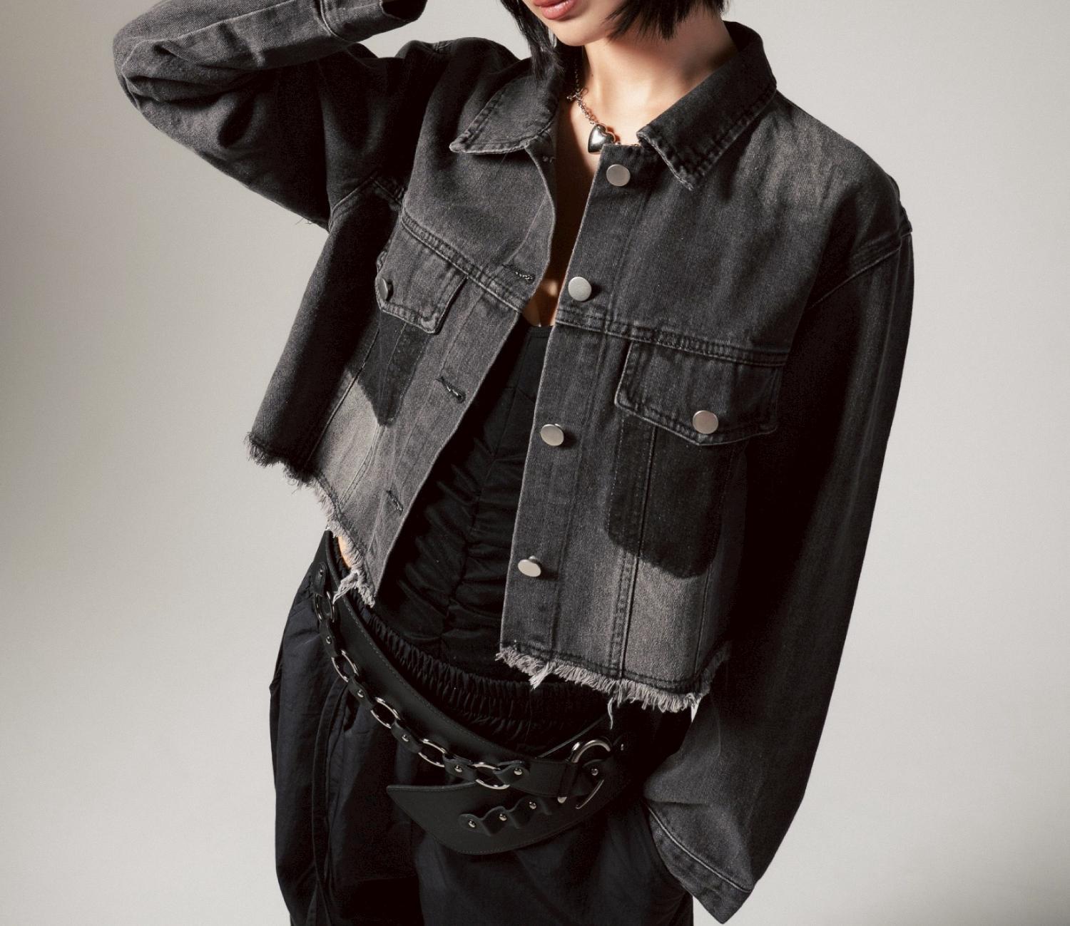 MITSUKI/ミツキ/切りっぱなしクロップドデニムジャケット ブラック