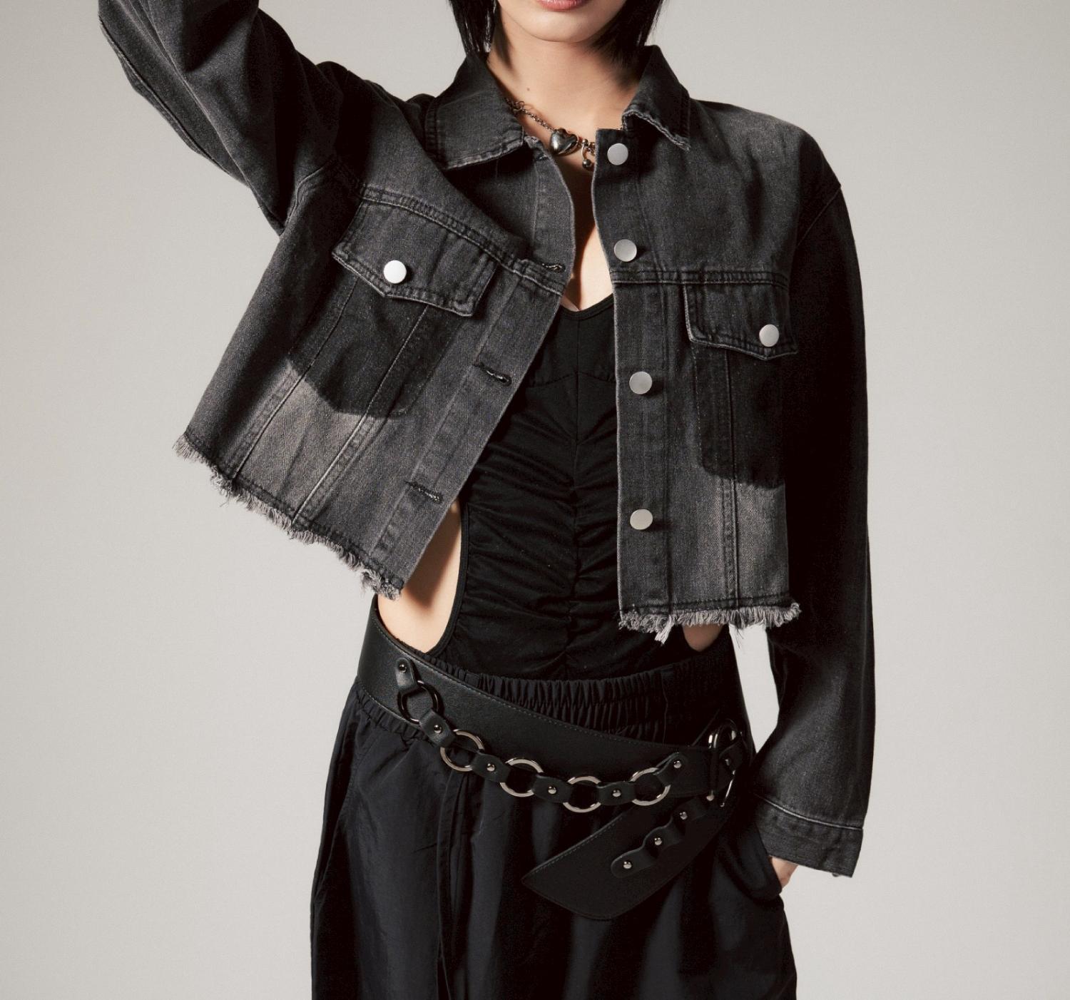 MITSUKI/ミツキ/切りっぱなしクロップドデニムジャケット ブラック