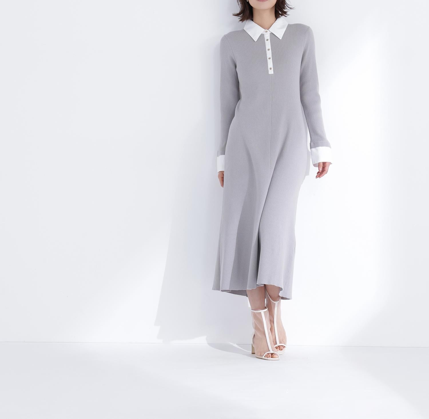 襟付リブニットワンピース グレー×オフ2