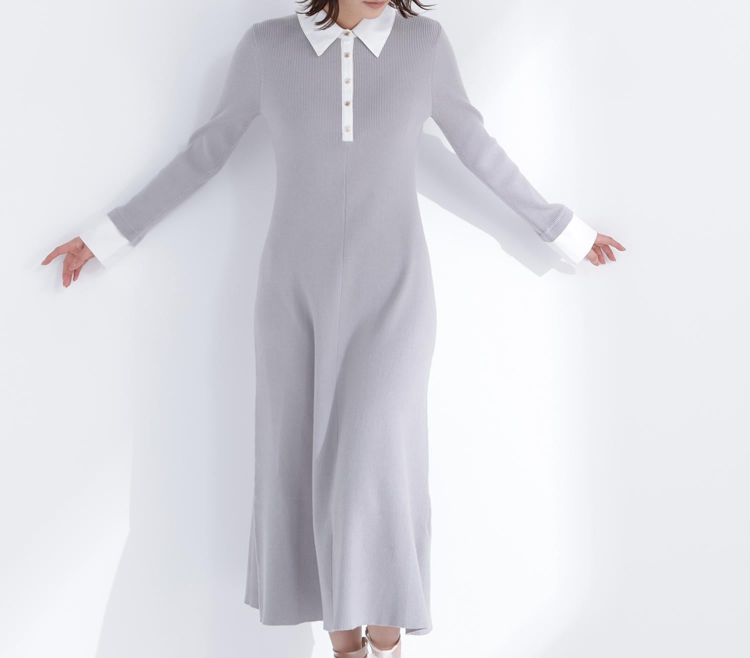 襟付リブニットワンピース グレー×オフ2