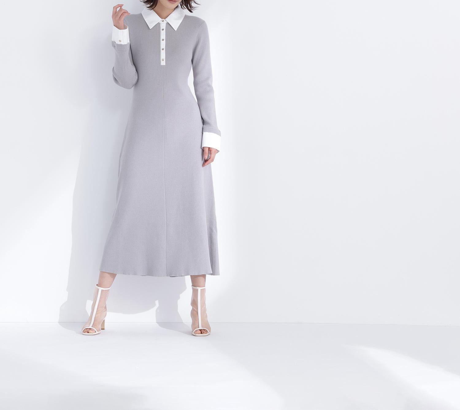 襟付リブニットワンピース グレー×オフ2