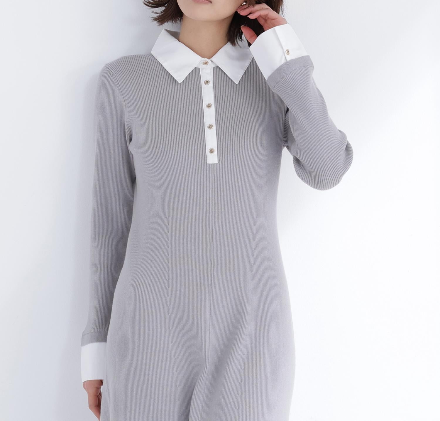 襟付リブニットワンピース グレー×オフ2