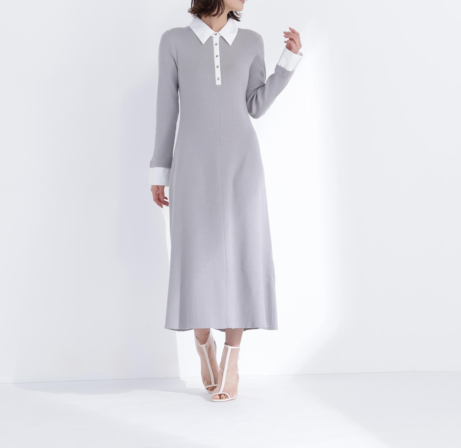 襟付リブニットワンピース グレー×オフ2
