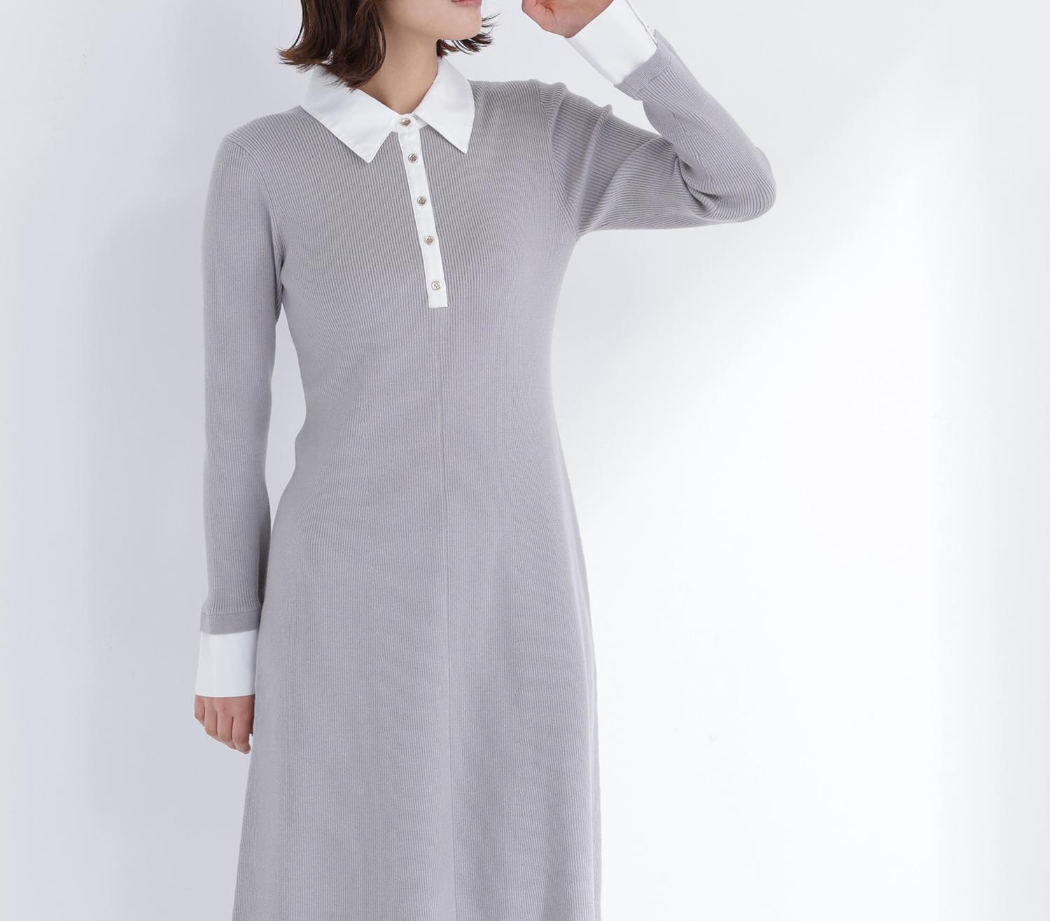 襟付リブニットワンピース グレー×オフ2