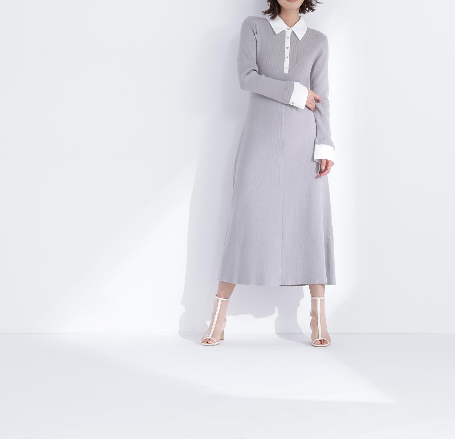襟付リブニットワンピース グレー×オフ2