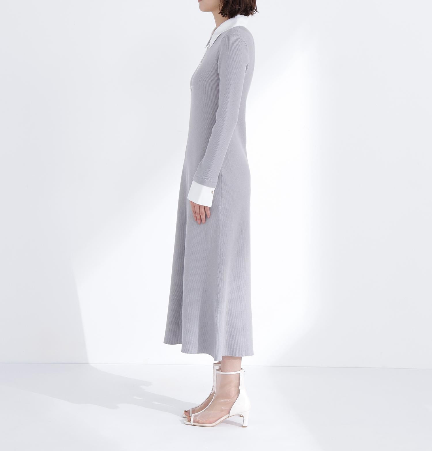 襟付リブニットワンピース グレー×オフ2