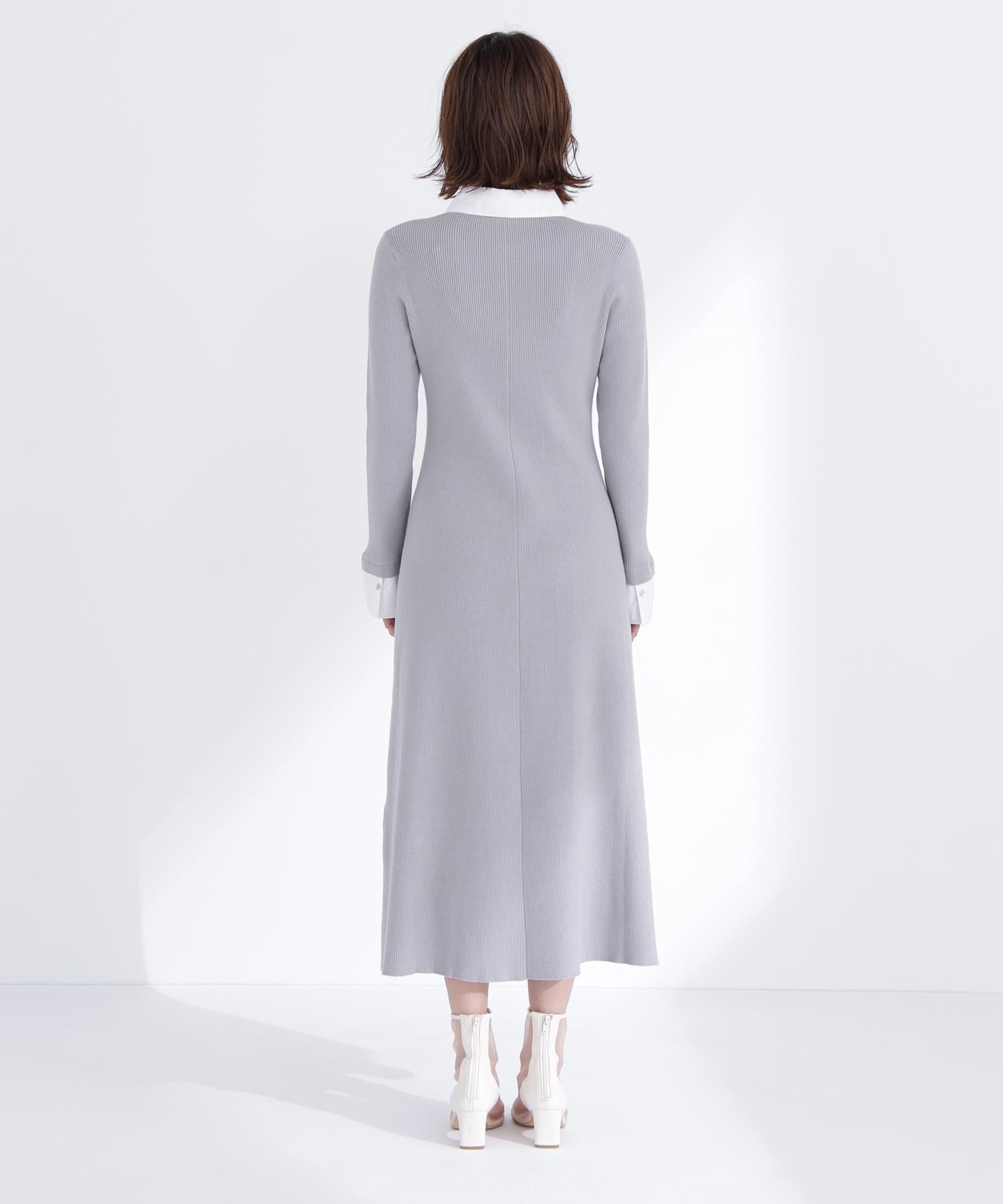 襟付リブニットワンピース グレー×オフ2