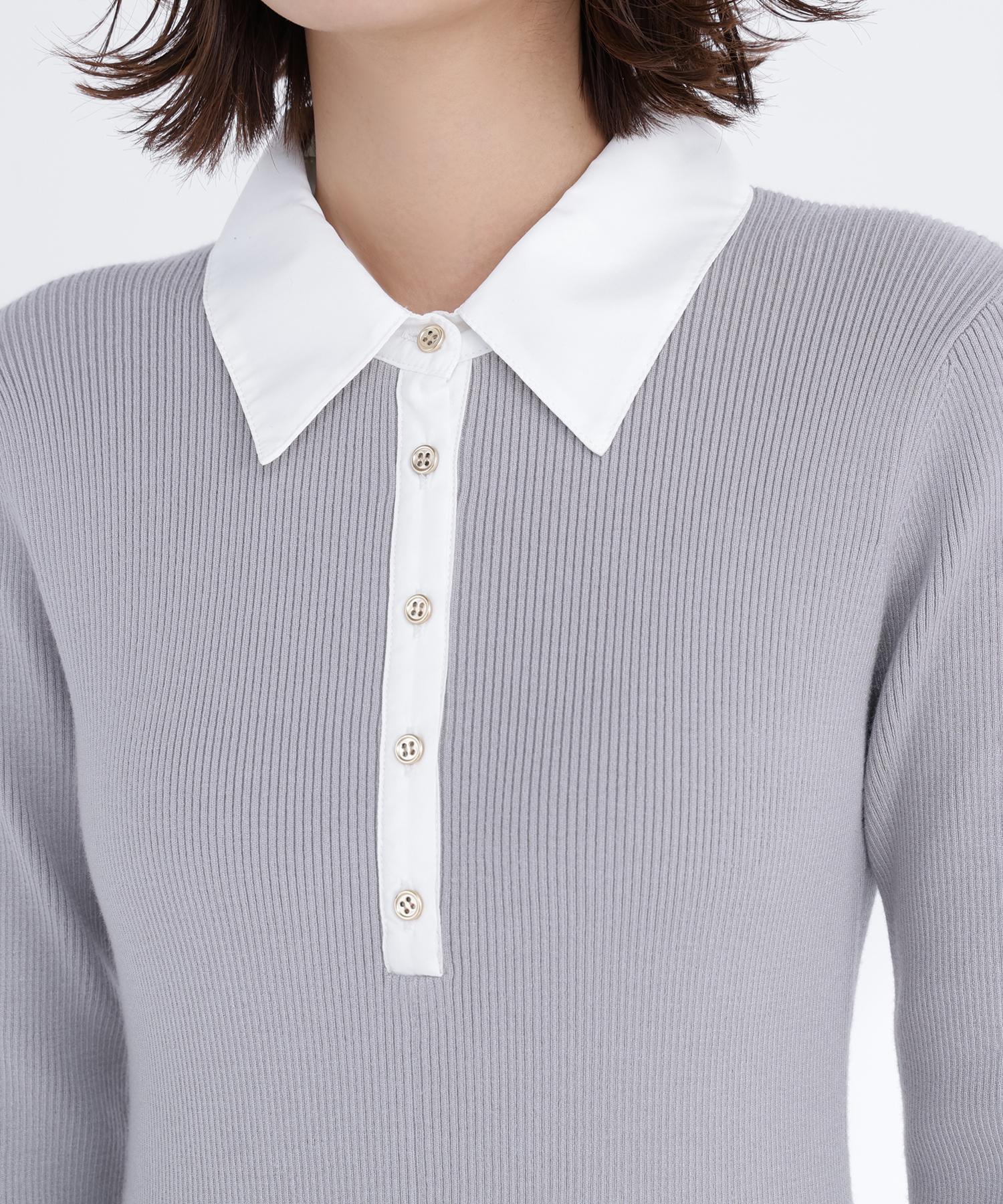 襟付リブニットワンピース グレー×オフ2