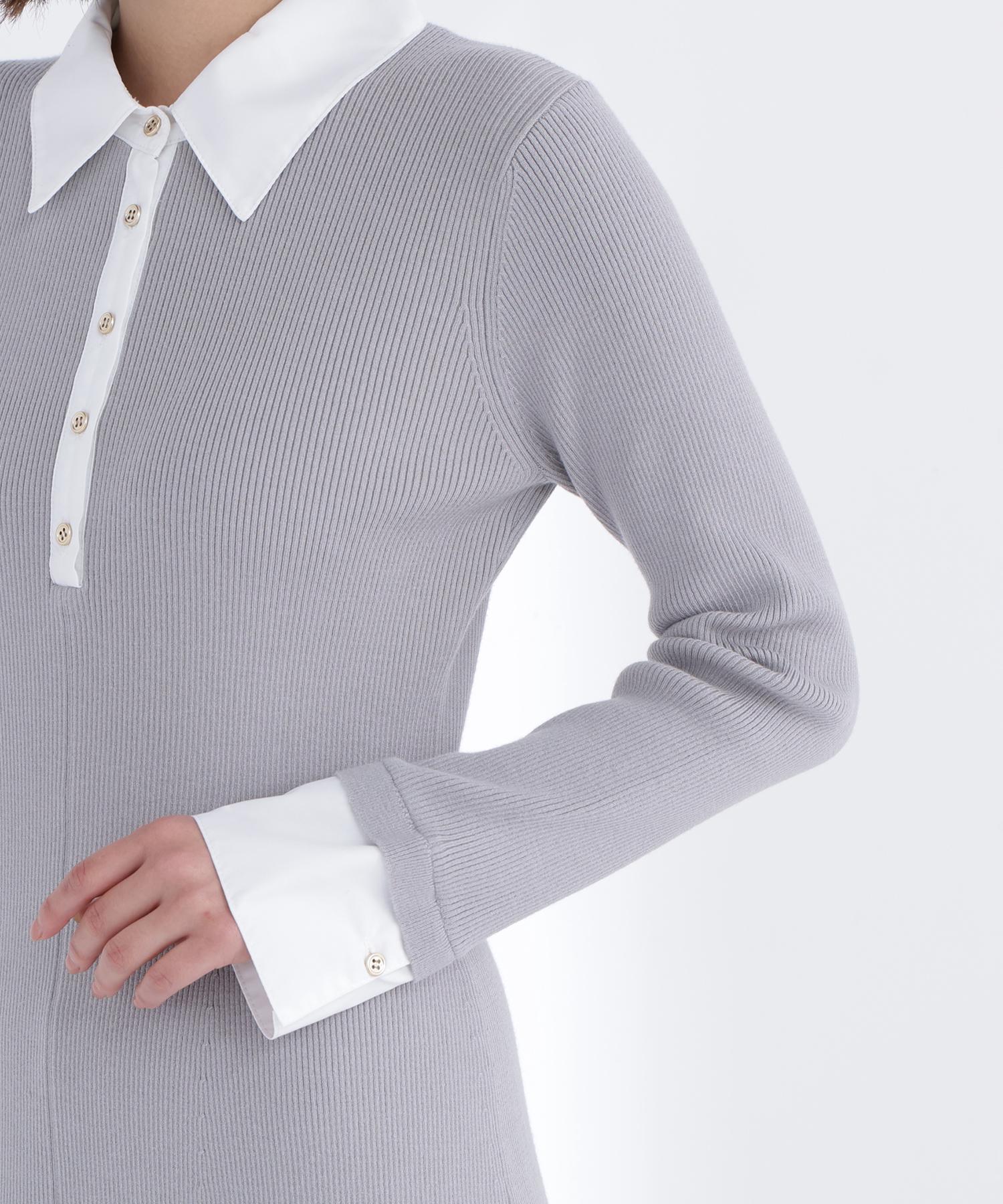 襟付リブニットワンピース グレー×オフ2