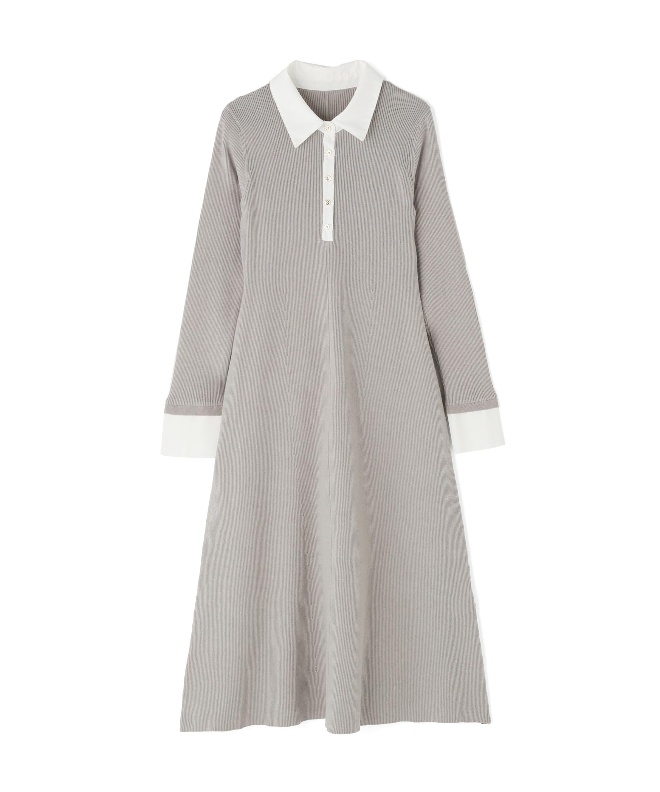 襟付リブニットワンピース グレー×オフ2