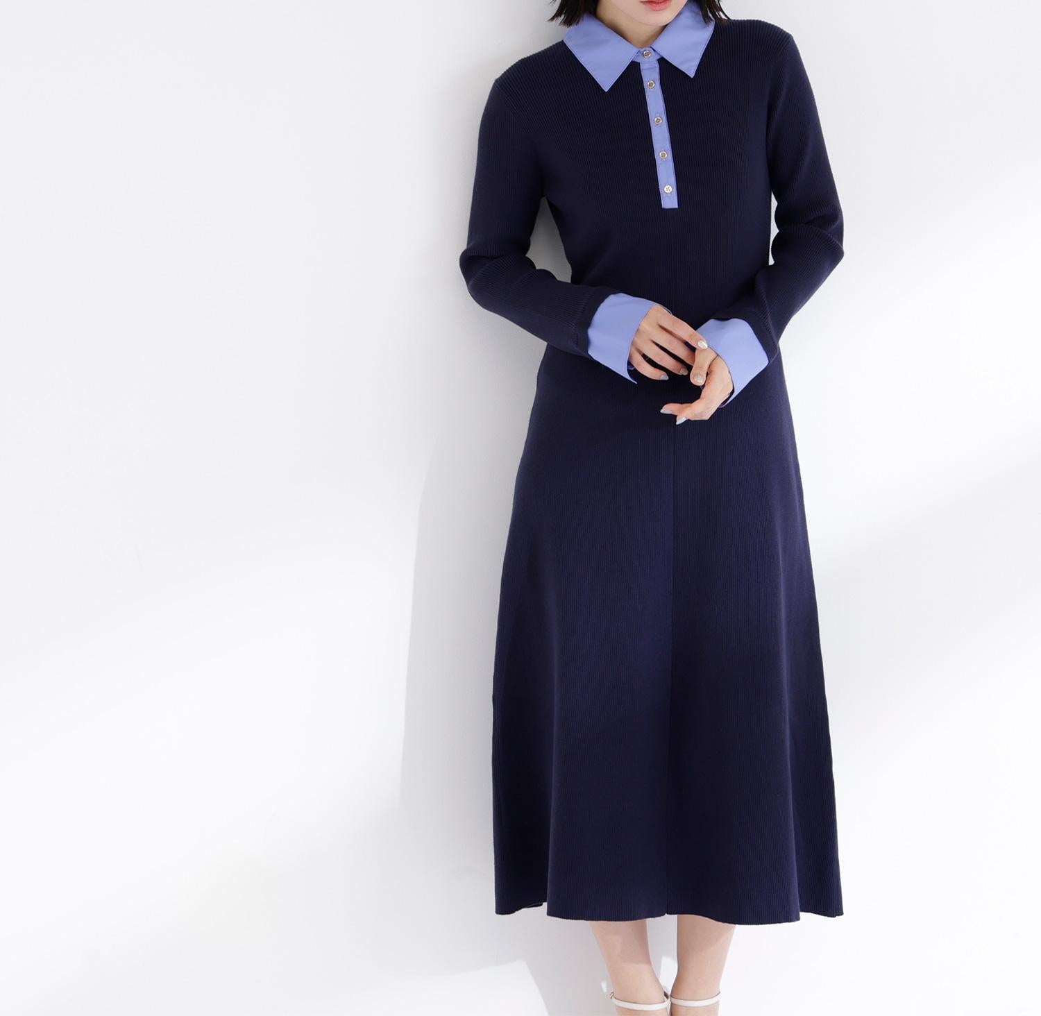 襟付リブニットワンピース ネイビー×ブルー2