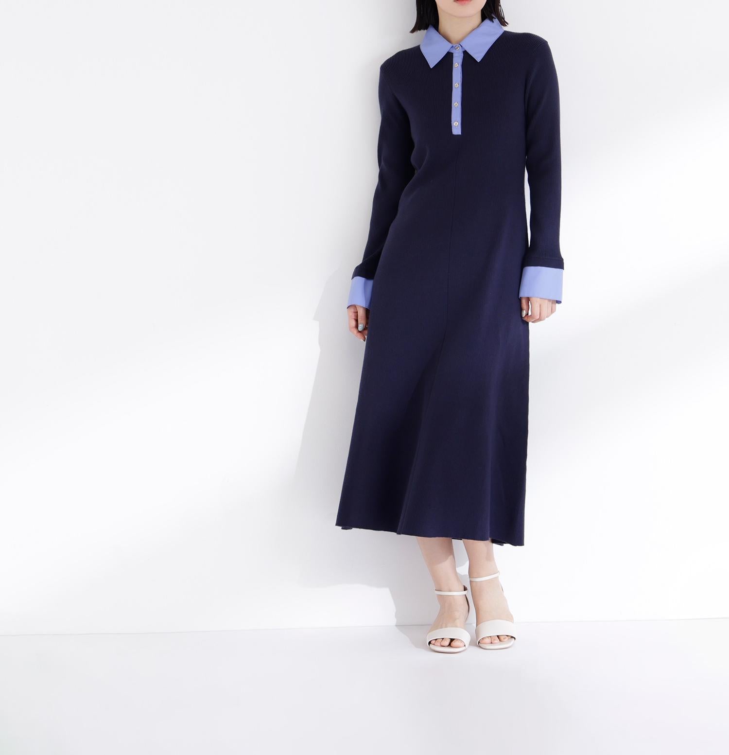 襟付リブニットワンピース ネイビー×ブルー2