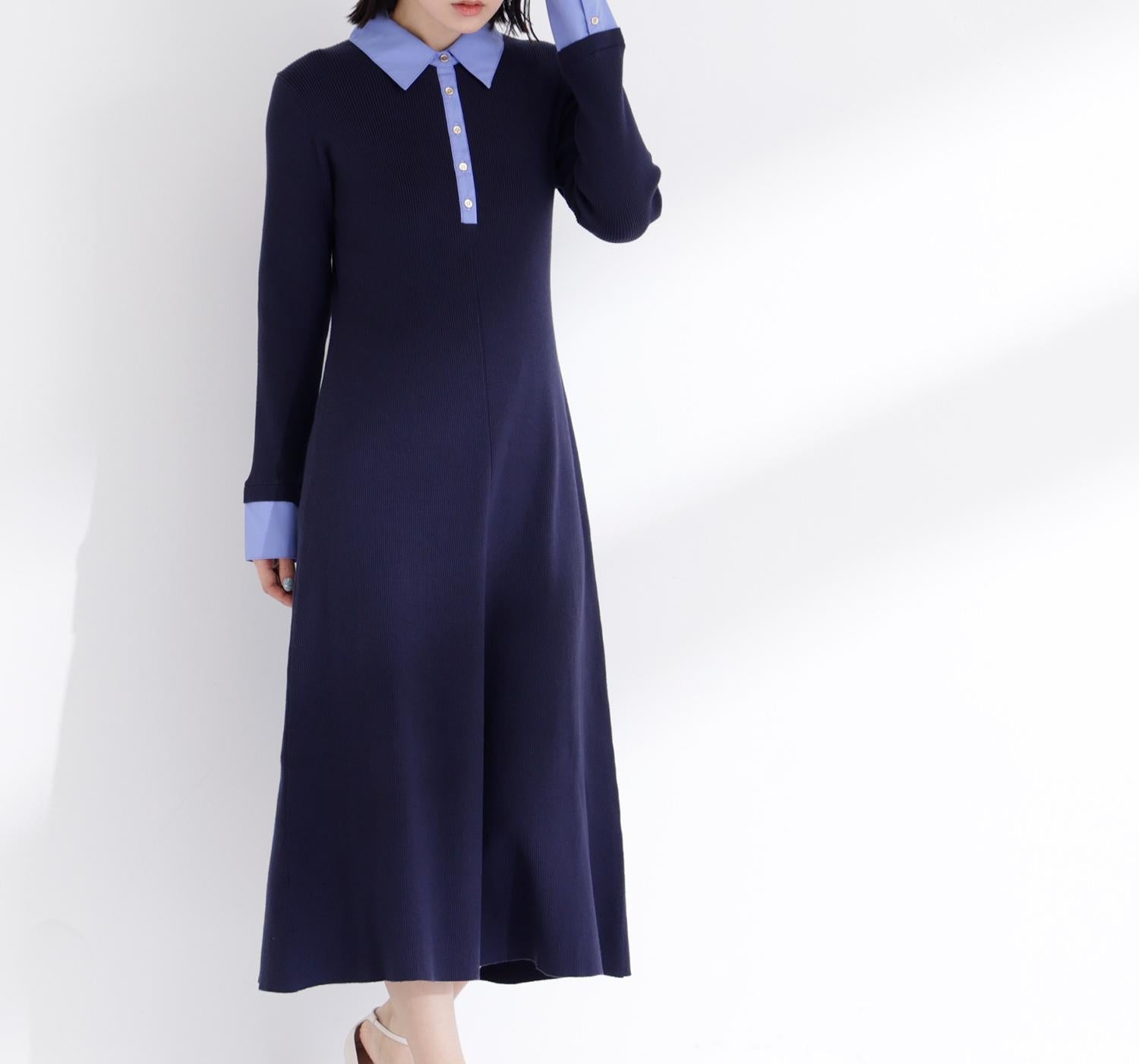 襟付リブニットワンピース ネイビー×ブルー2
