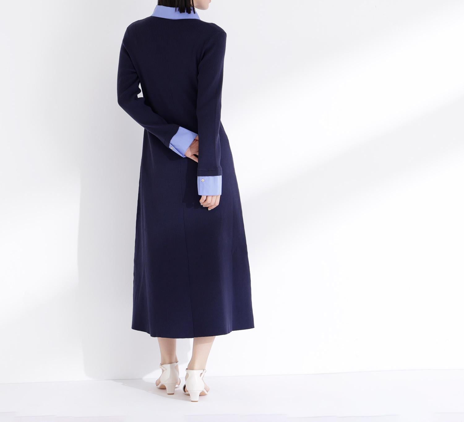 襟付リブニットワンピース ネイビー×ブルー2