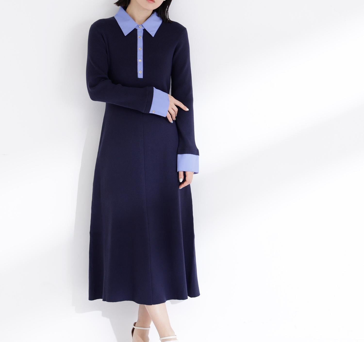 襟付リブニットワンピース ネイビー×ブルー2