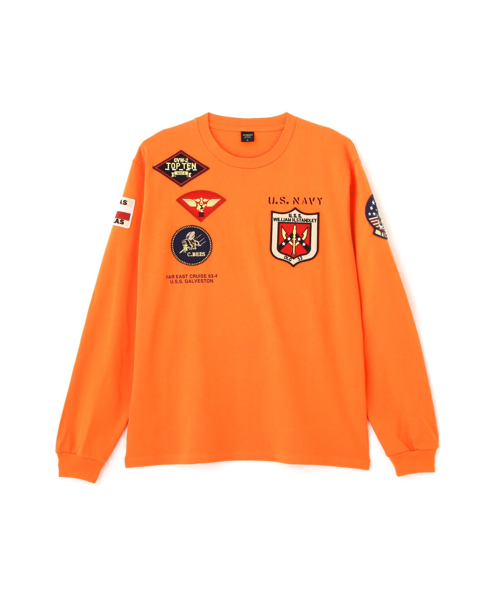 《WER&DEPOT限定》TOP GUN PATCHED L/S T-SHI>T / トップガン パッチド 長袖 Tシャツ / AVI>EX オレンジ