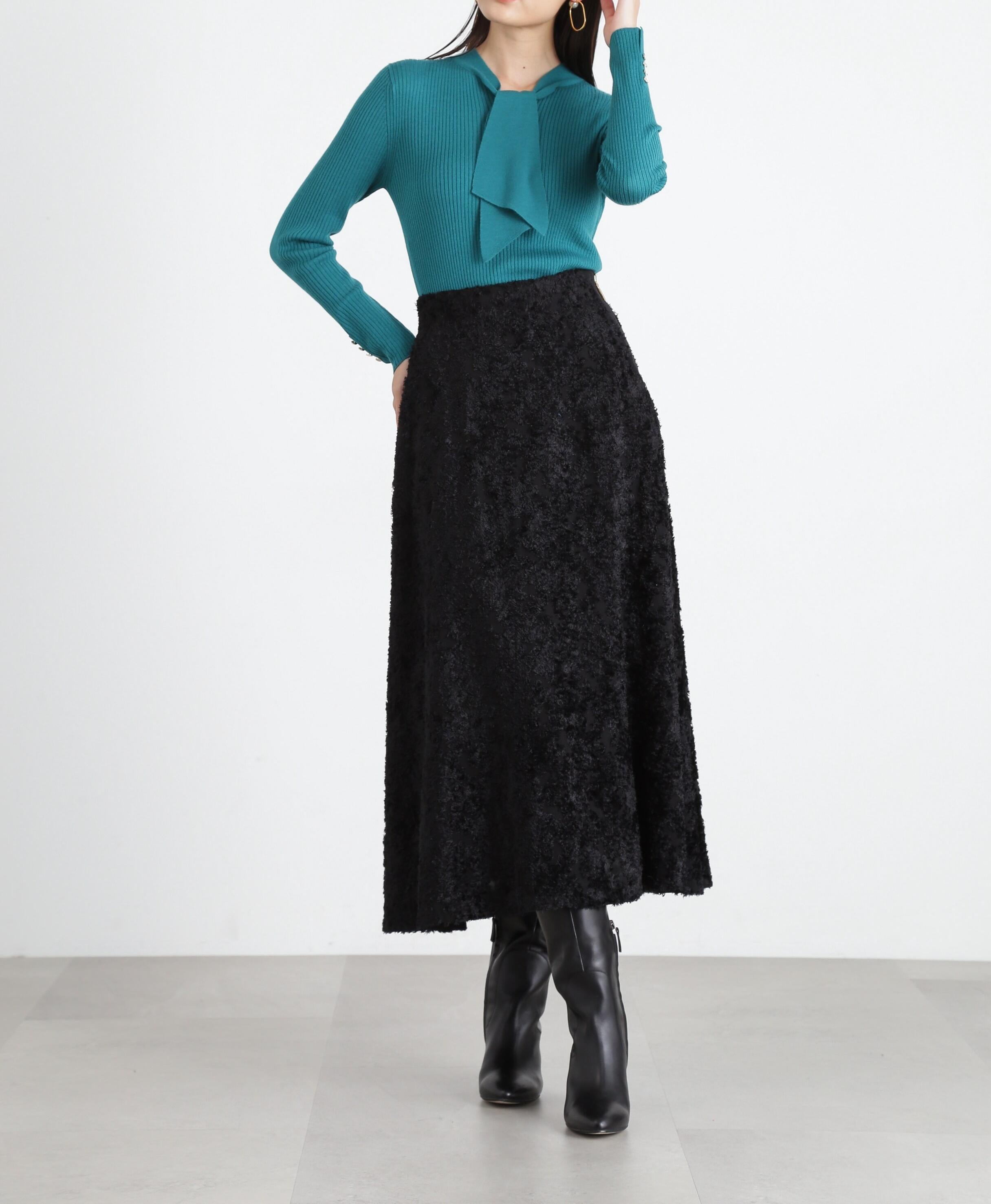 ◆カットジャガードフレアスカート ブラック