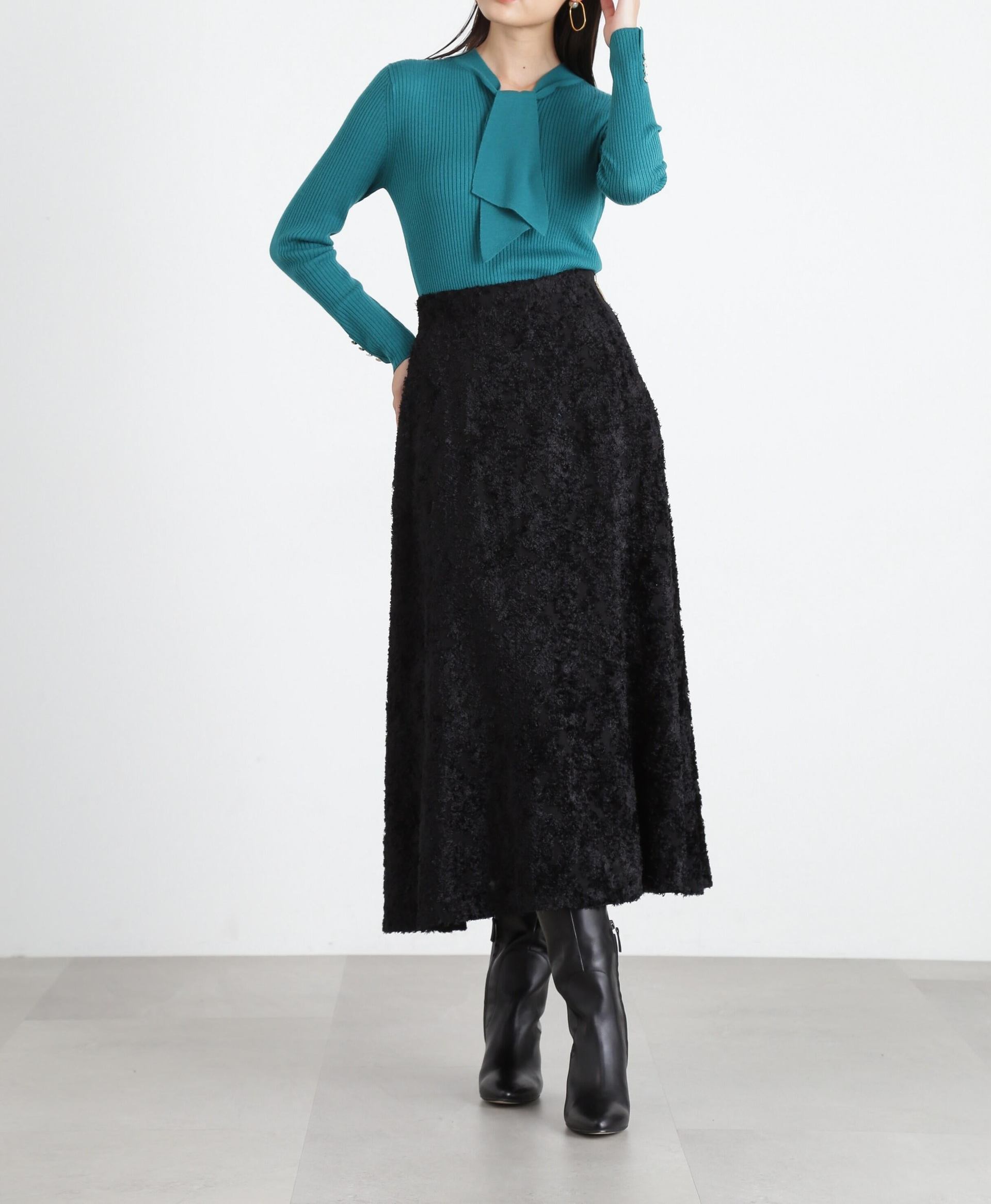 ◆カットジャガードフレアスカート ブラック