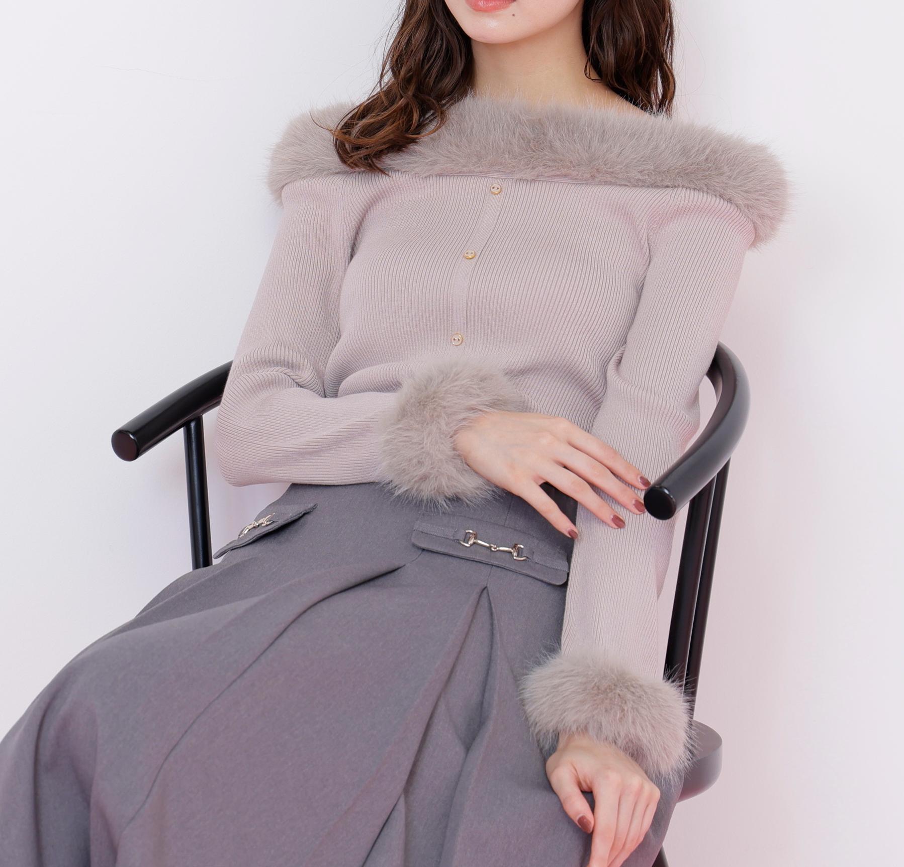 フェイクファートリムニット ピンク