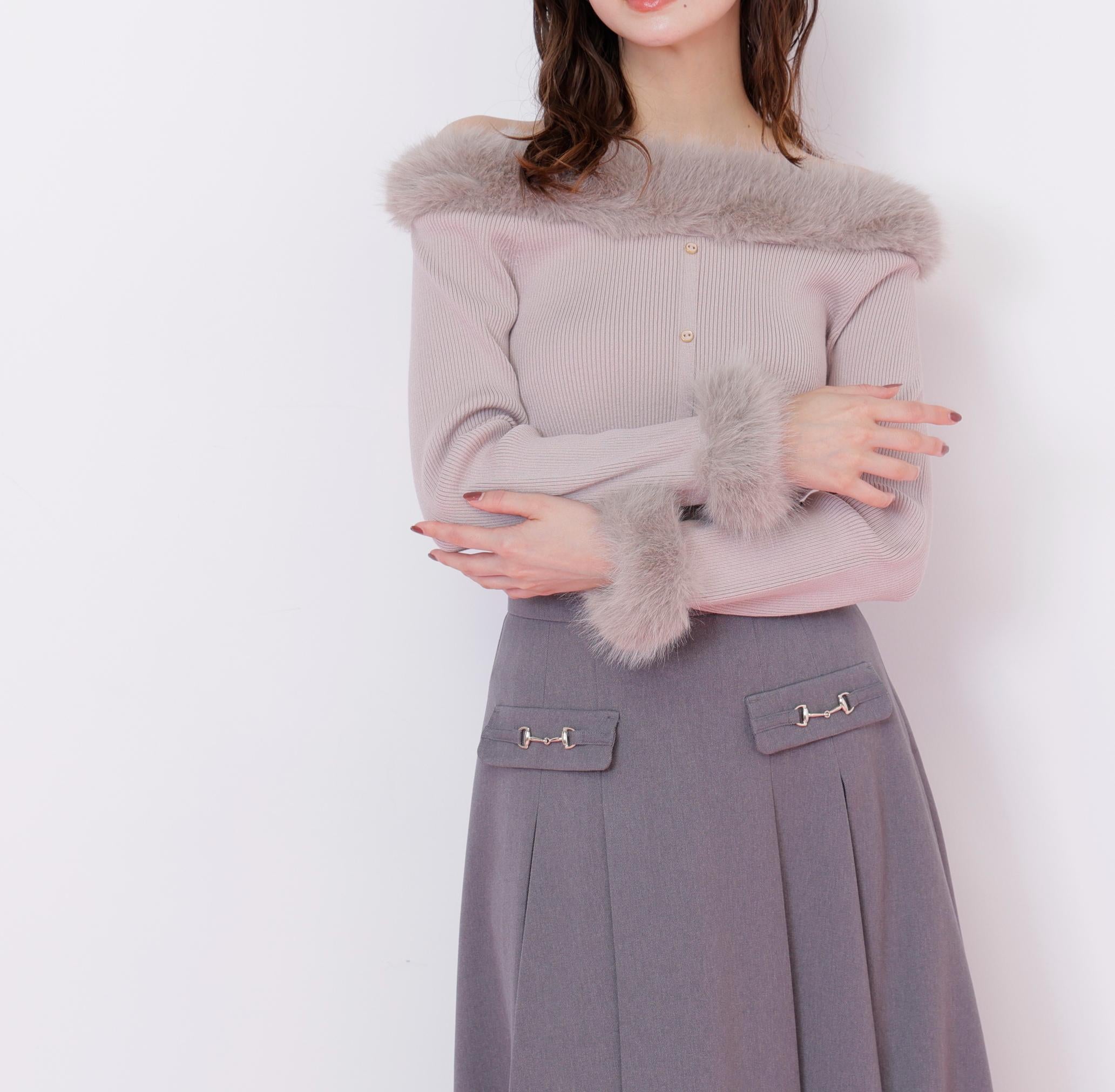 フェイクファートリムニット ピンク