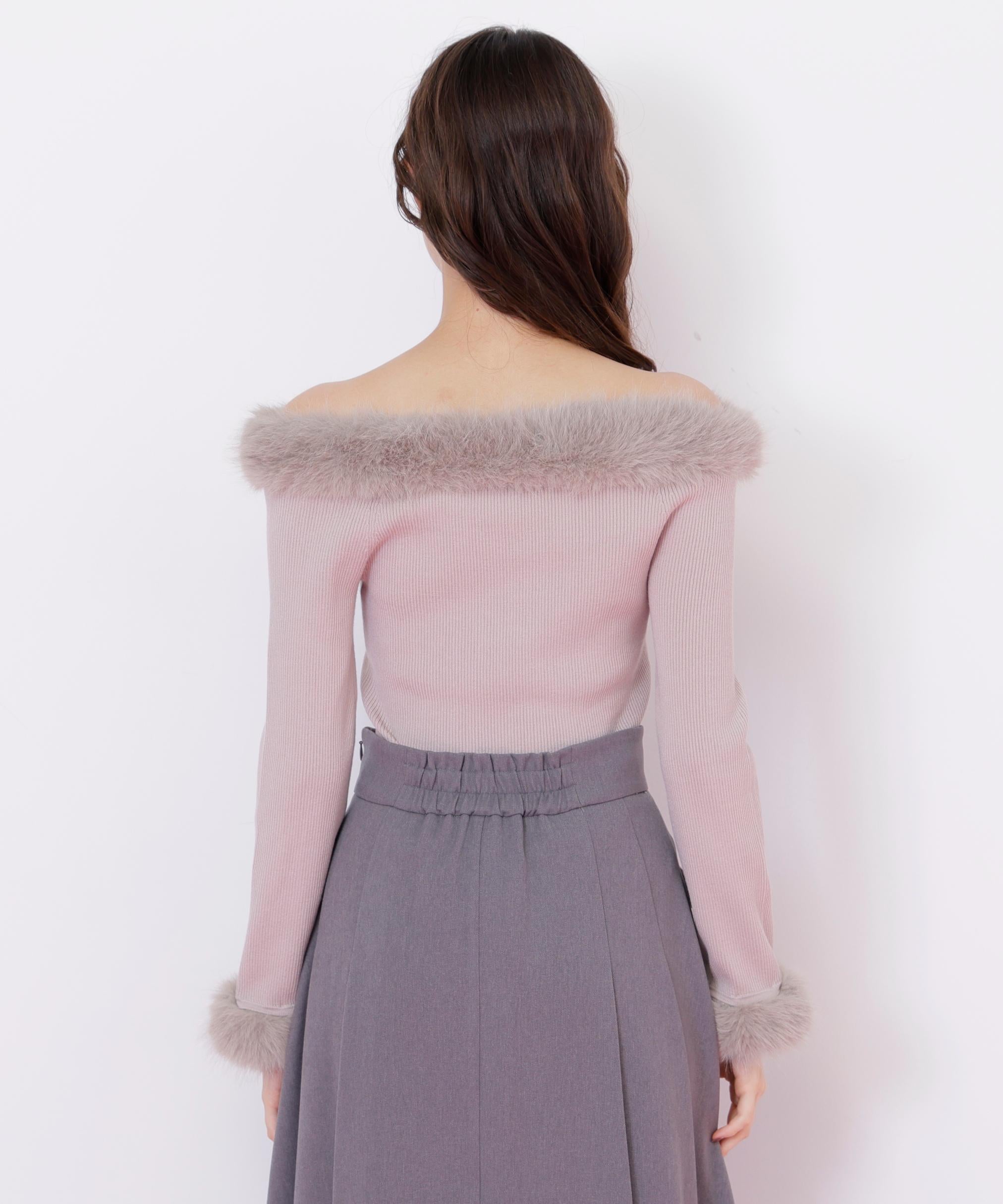 フェイクファートリムニット ピンク