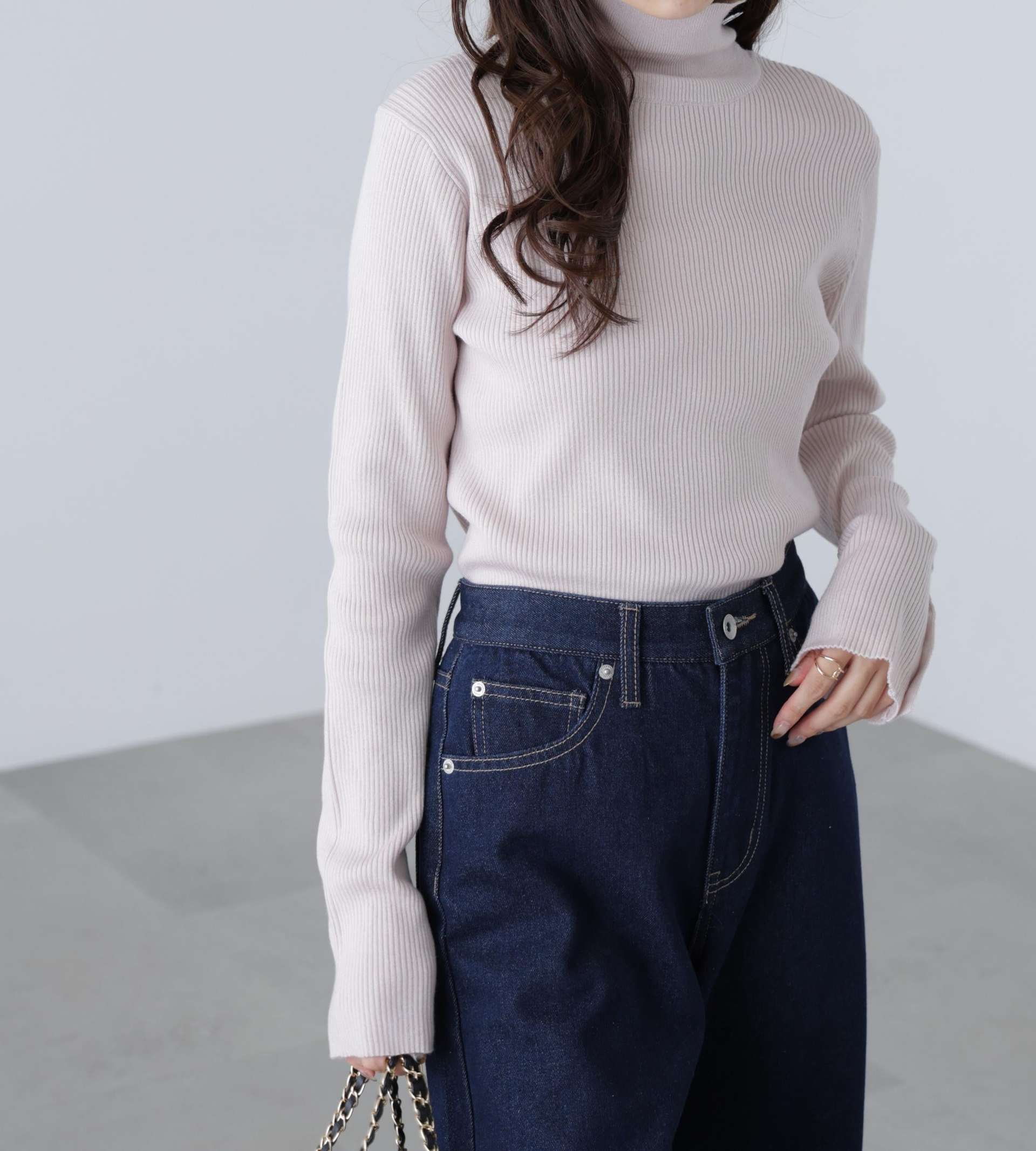 袖金ボタンリブタートルニット ピンク