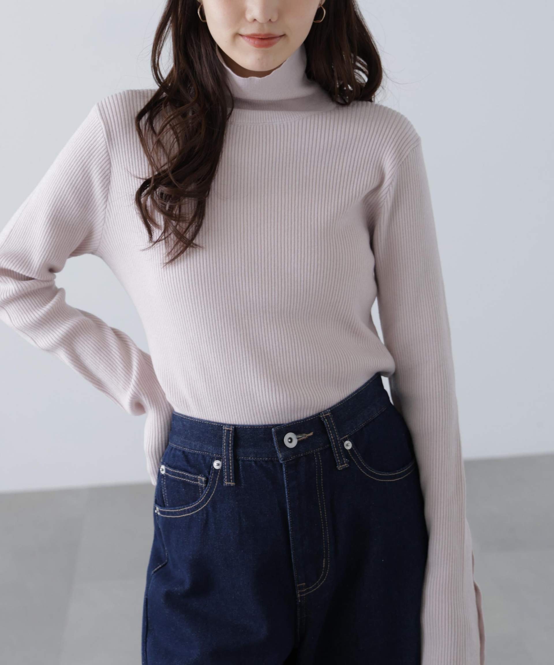 袖金ボタンリブタートルニット ピンク