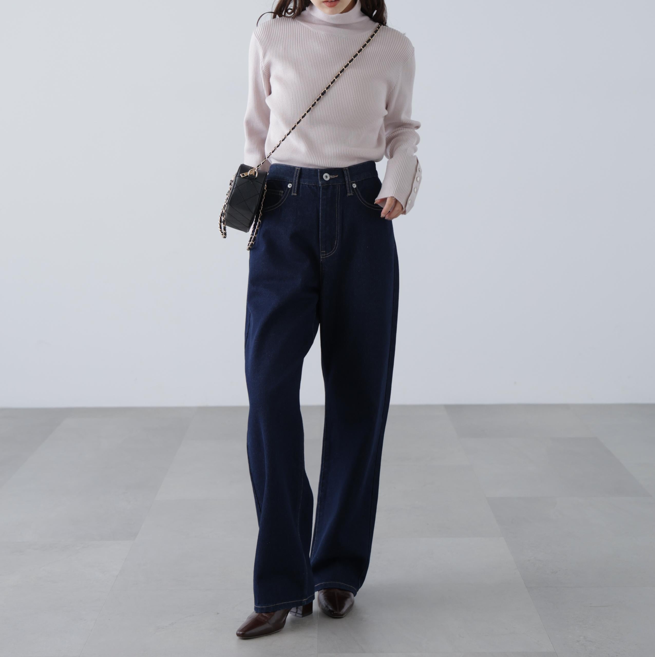 袖金ボタンリブタートルニット ピンク