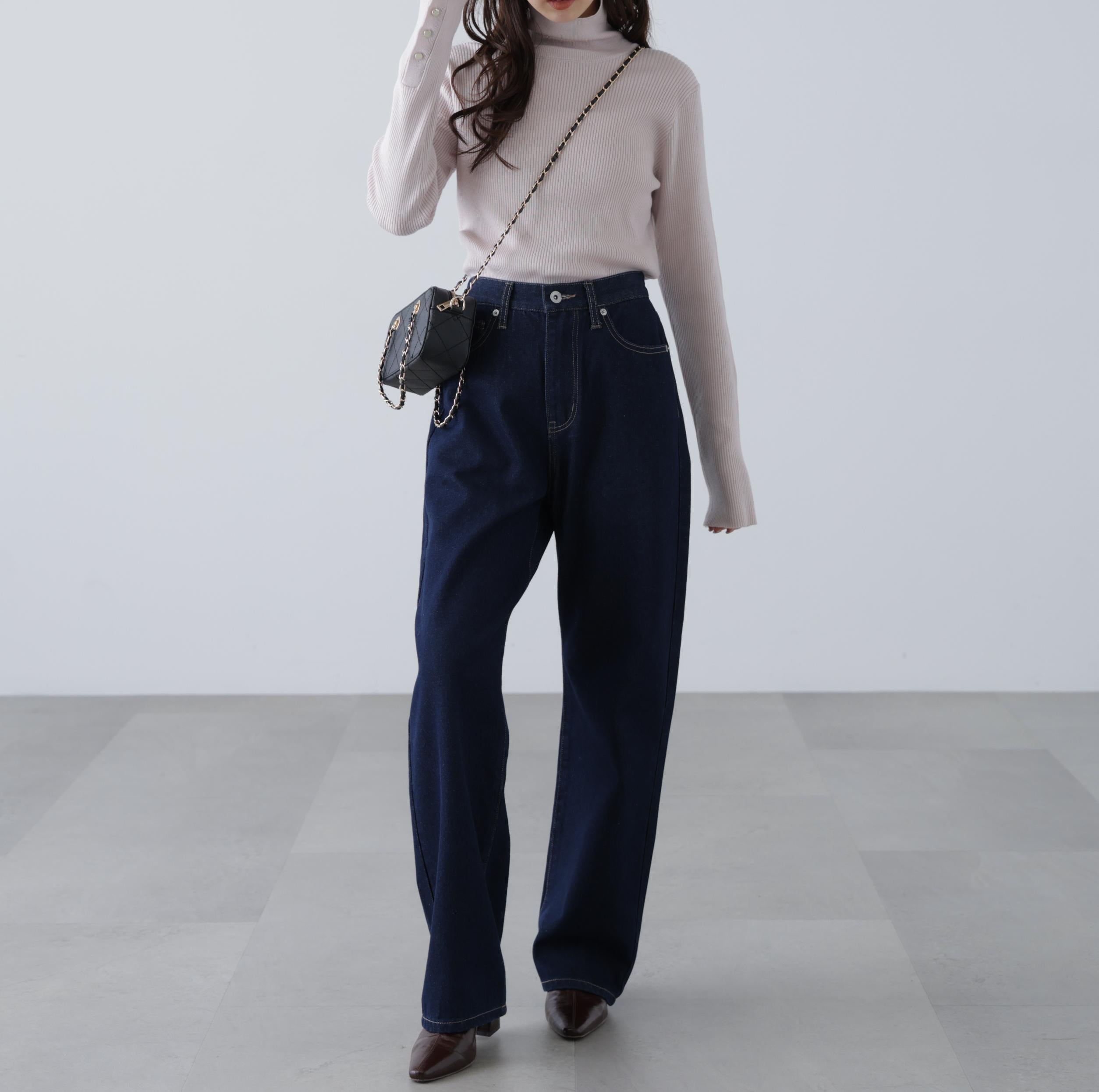 袖金ボタンリブタートルニット ピンク