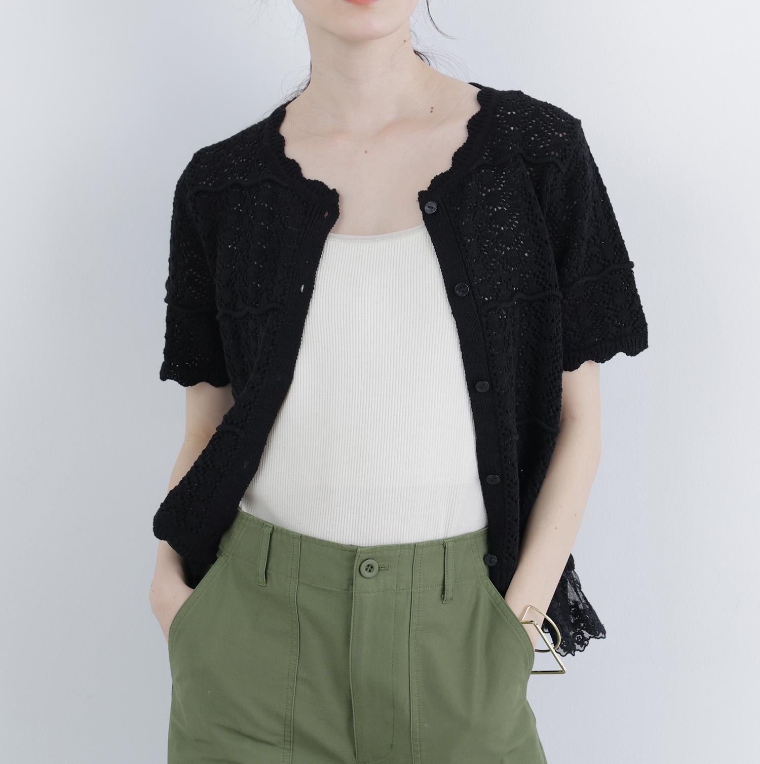 〈N.〉レースドッキング透かし編みカーディガン ブラック