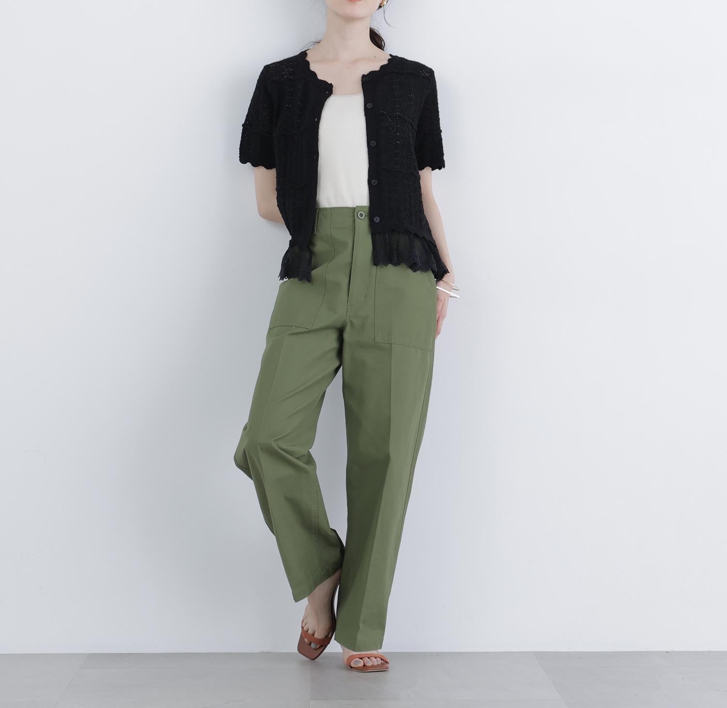 〈N.〉レースドッキング透かし編みカーディガン ブラック