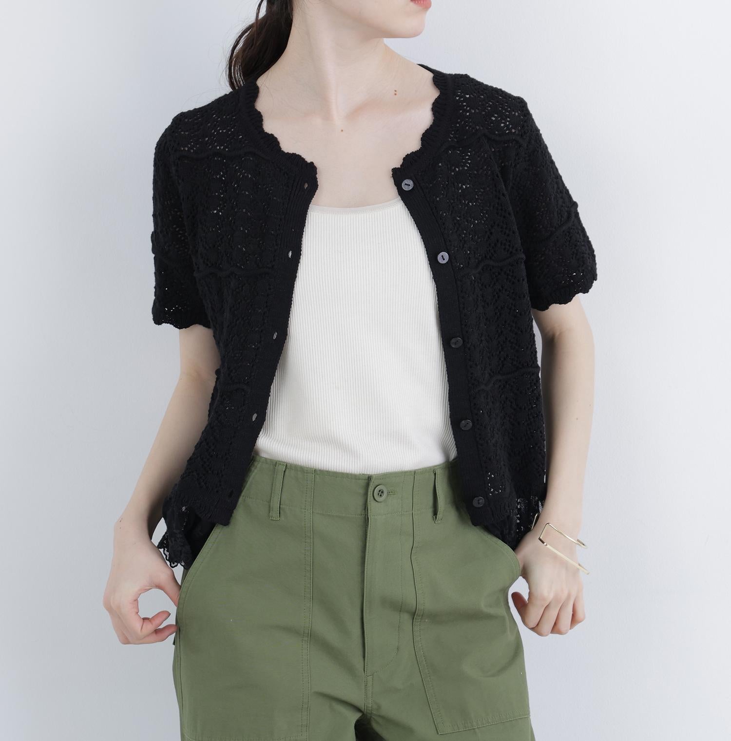 〈N.〉レースドッキング透かし編みカーディガン ブラック