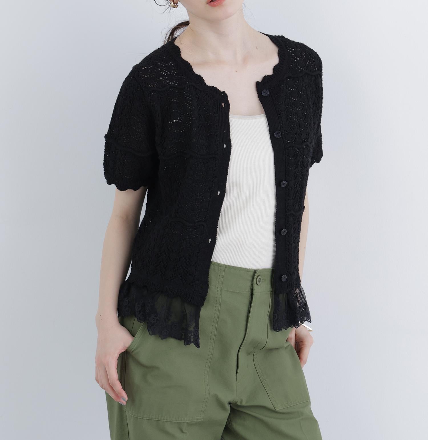 〈N.〉レースドッキング透かし編みカーディガン ブラック