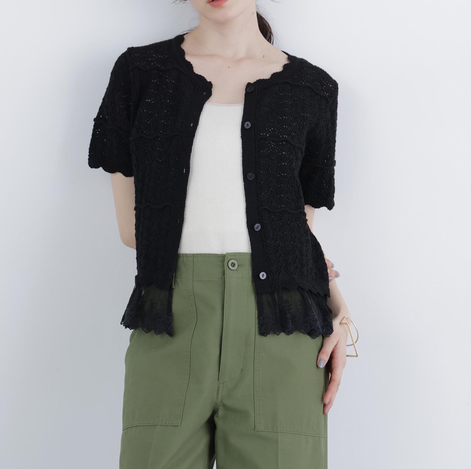 〈N.〉レースドッキング透かし編みカーディガン ブラック