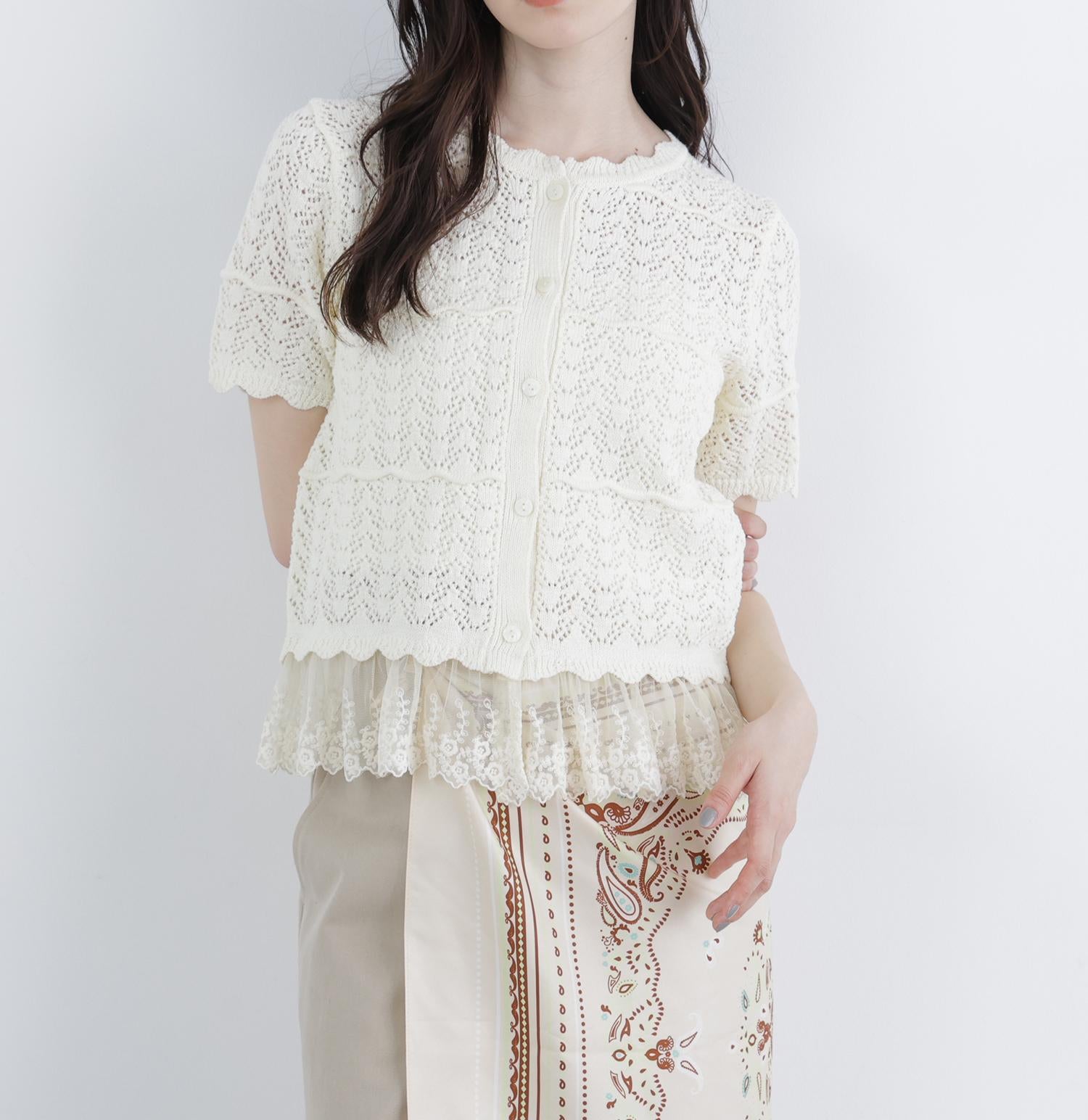 〈N.〉レースドッキング透かし編みカーディガン オフホワイト1