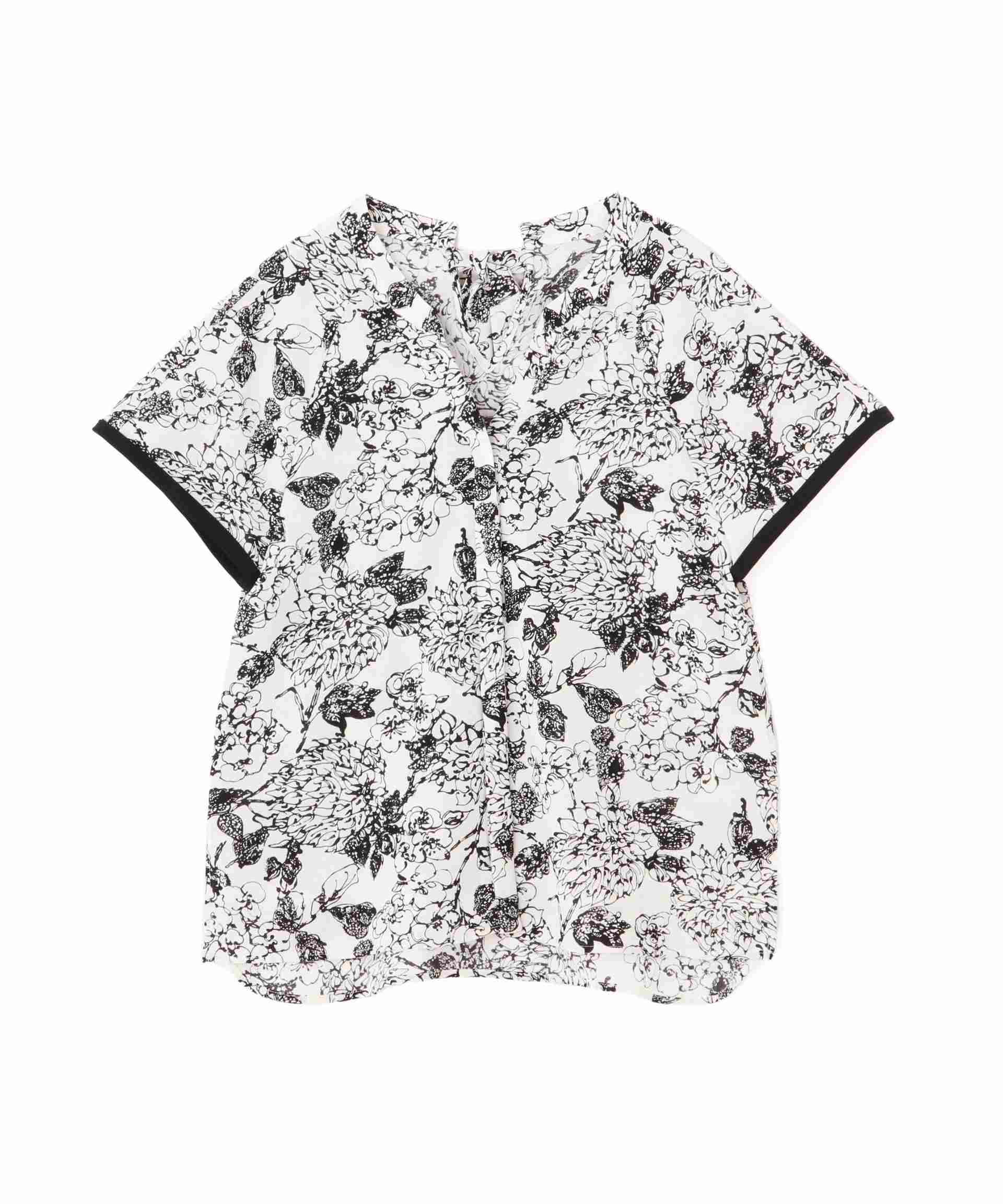◆フラワープリントバックリボンブラウス ブラック系1