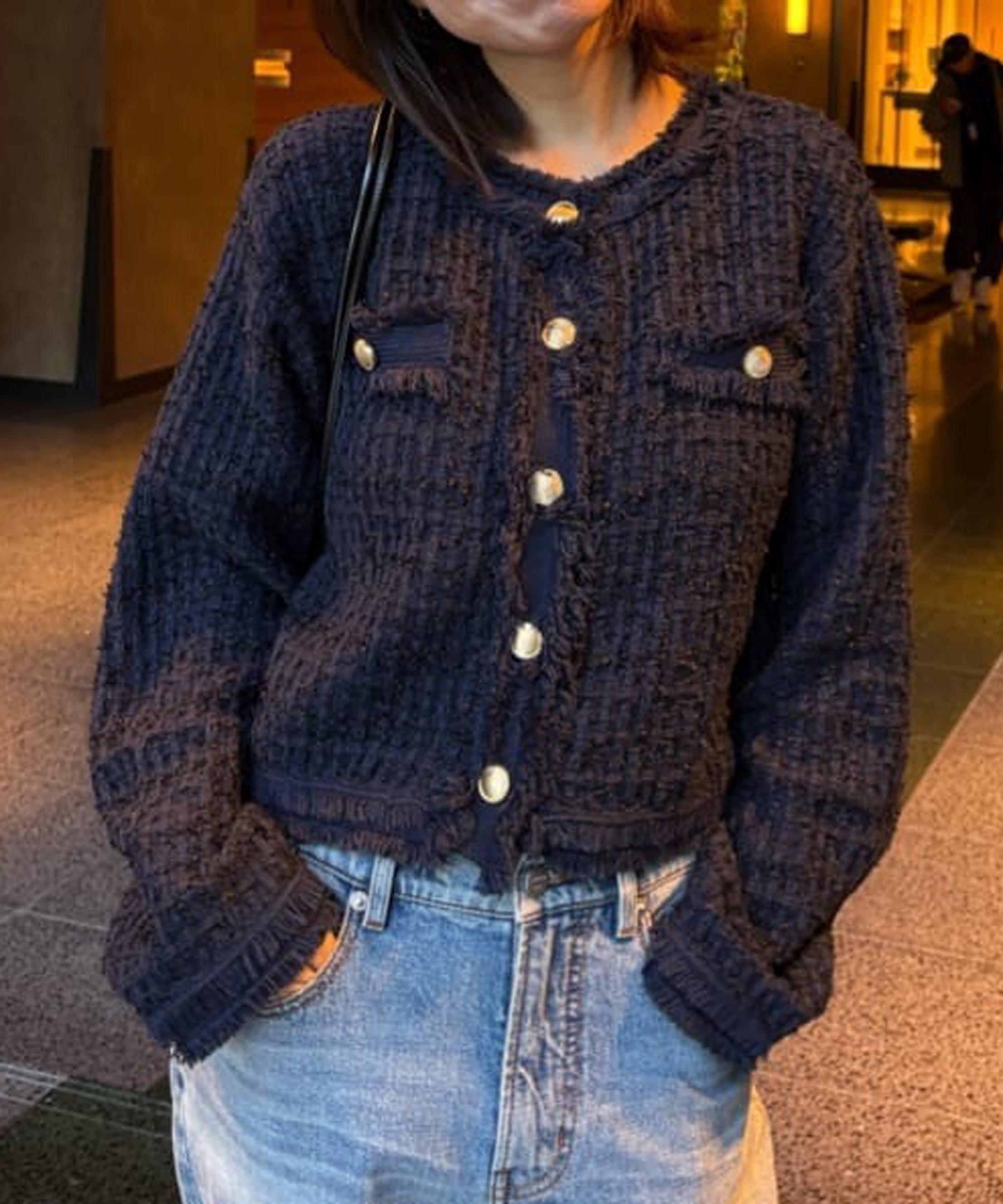 ツィードニットカーディガン ネイビー