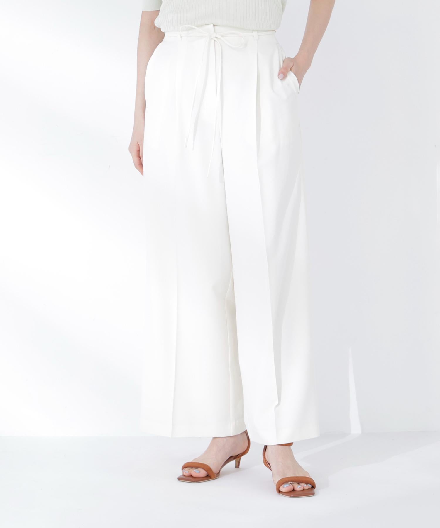 ナローリボンタックワイドパンツ オフホワイト1