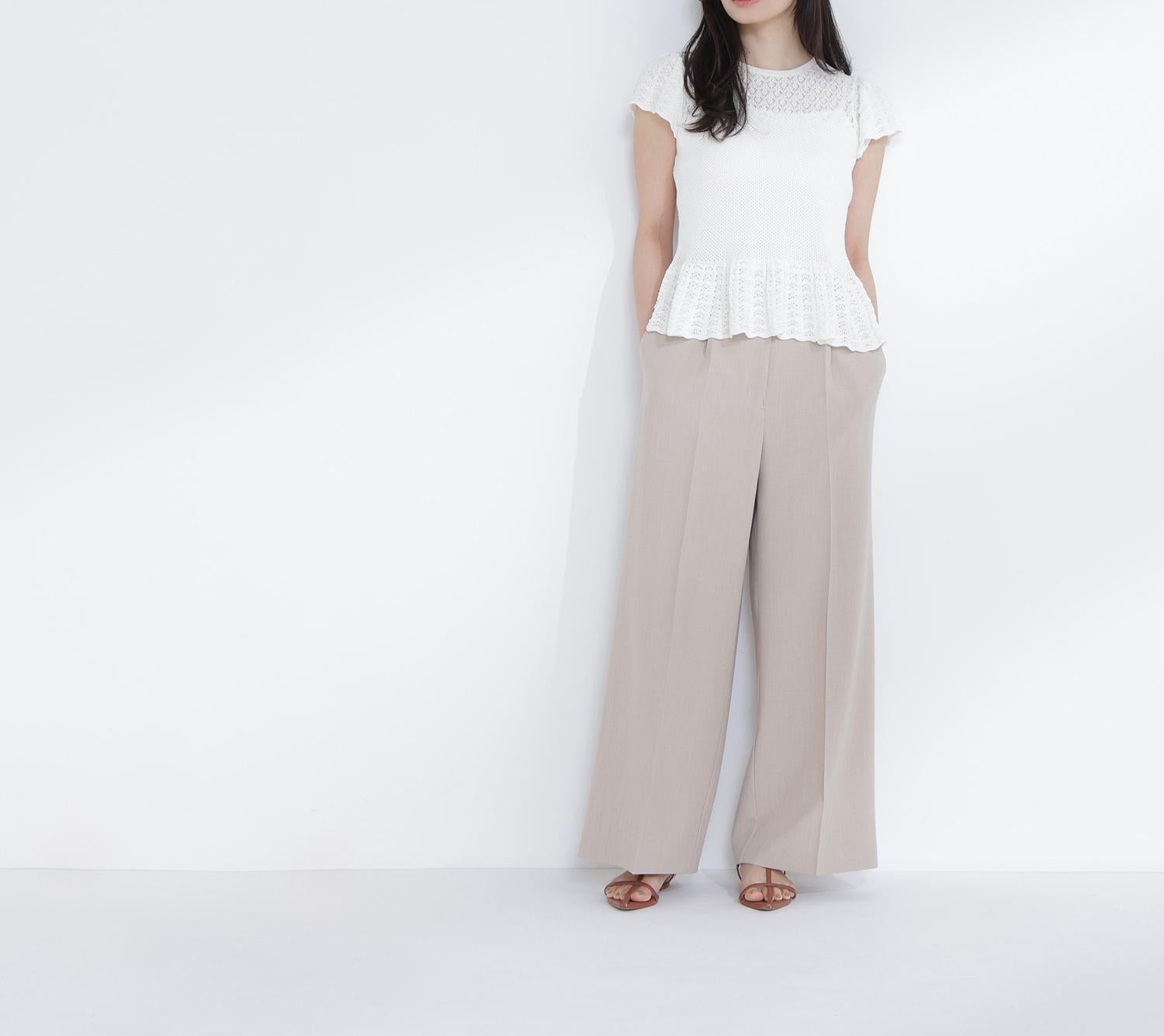 ナローリボンタックワイドパンツ ベージュ