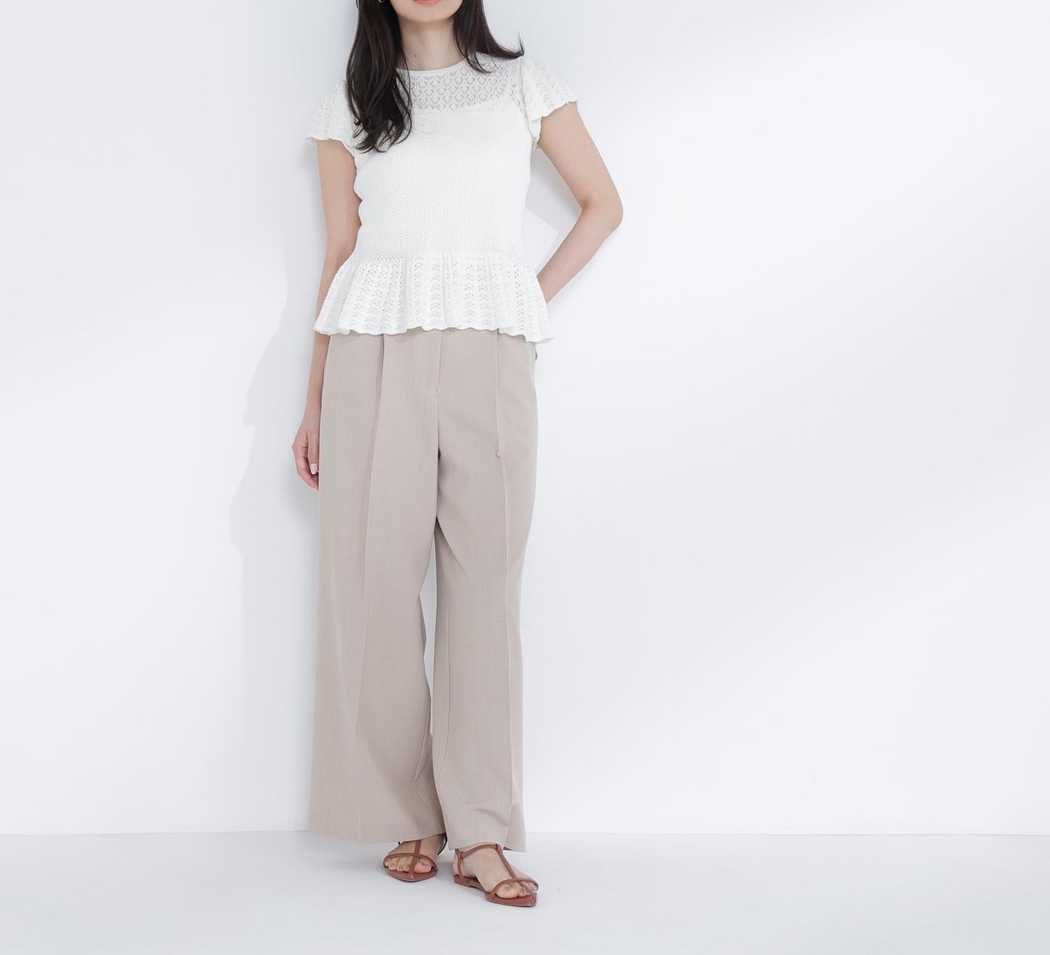 ナローリボンタックワイドパンツ ベージュ