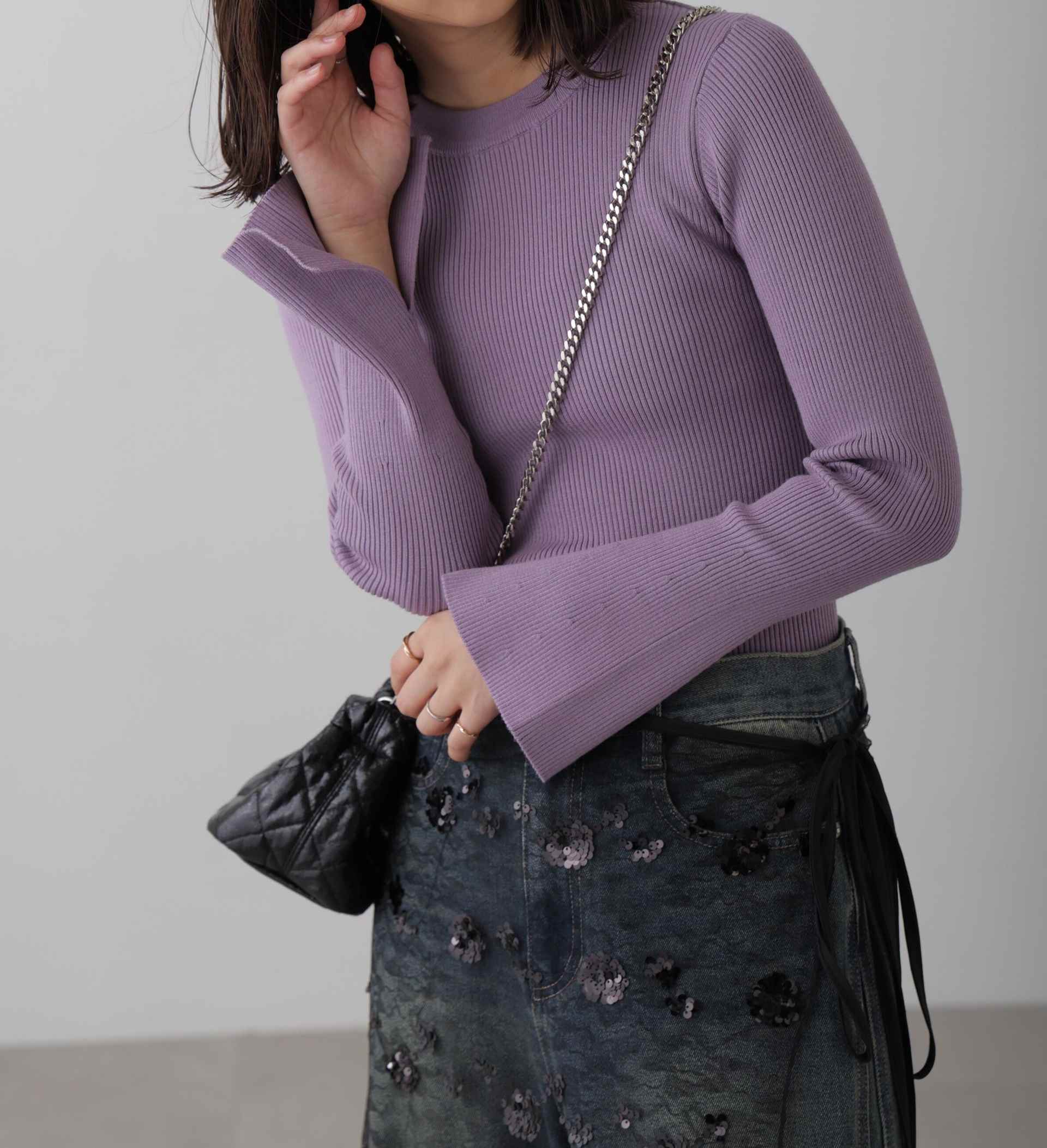 〈洗える〉マシンウォッシャブルクルーネックニット パープル