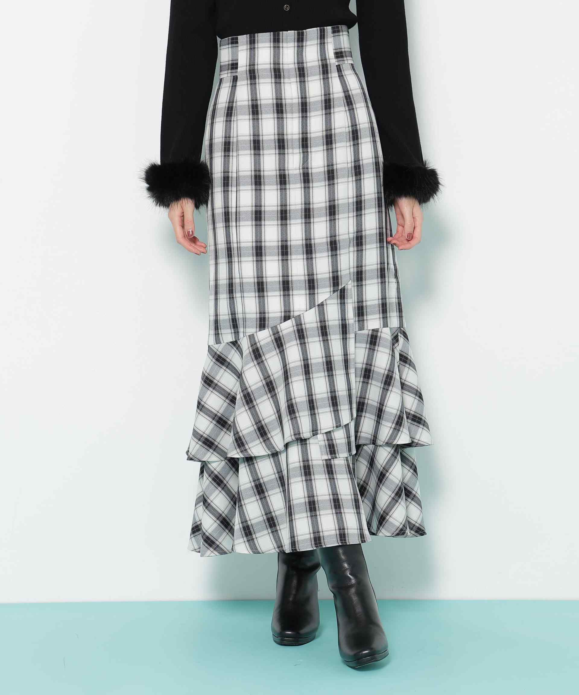 ナローマーメイドスカート ブラックチェック1
